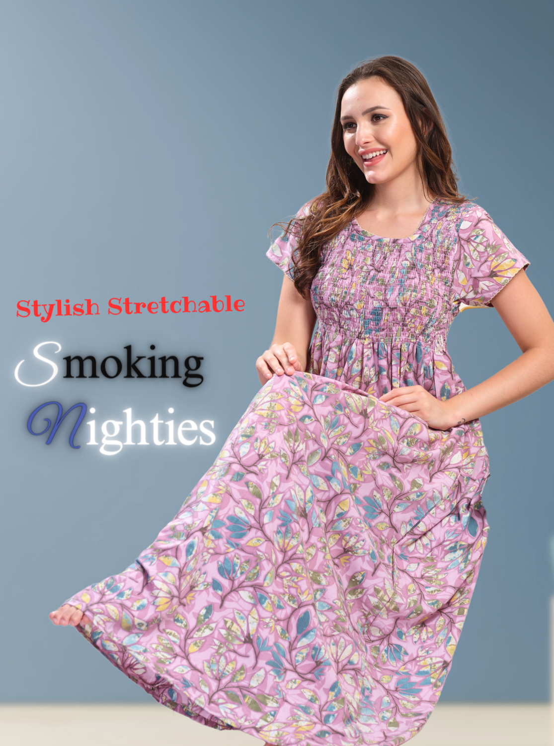 ONLY MINE Premium Smokey Nighty | Stretchable Elastic Type | Beautiful Pleated Model | Side Pocket | Stylish Nighty for Stylish Women's (OM-RAH)