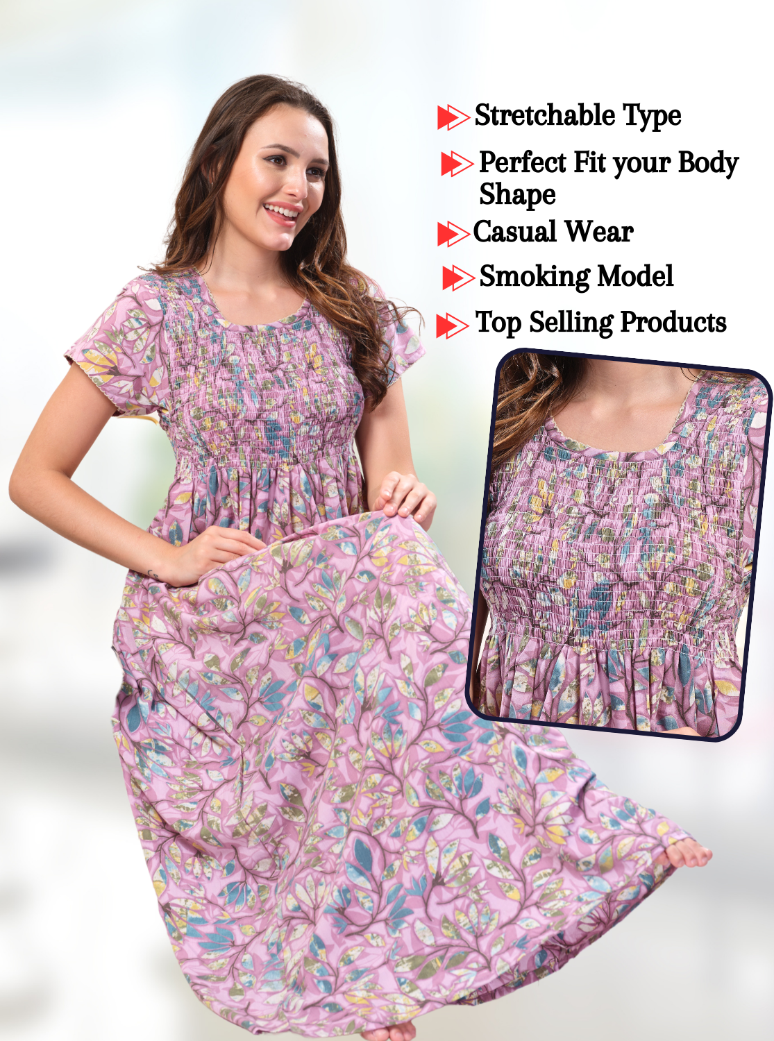 ONLY MINE Premium Smokey Nighty | Stretchable Elastic Type | Beautiful Pleated Model | Side Pocket | Stylish Nighty for Stylish Women's (OM-RAH)