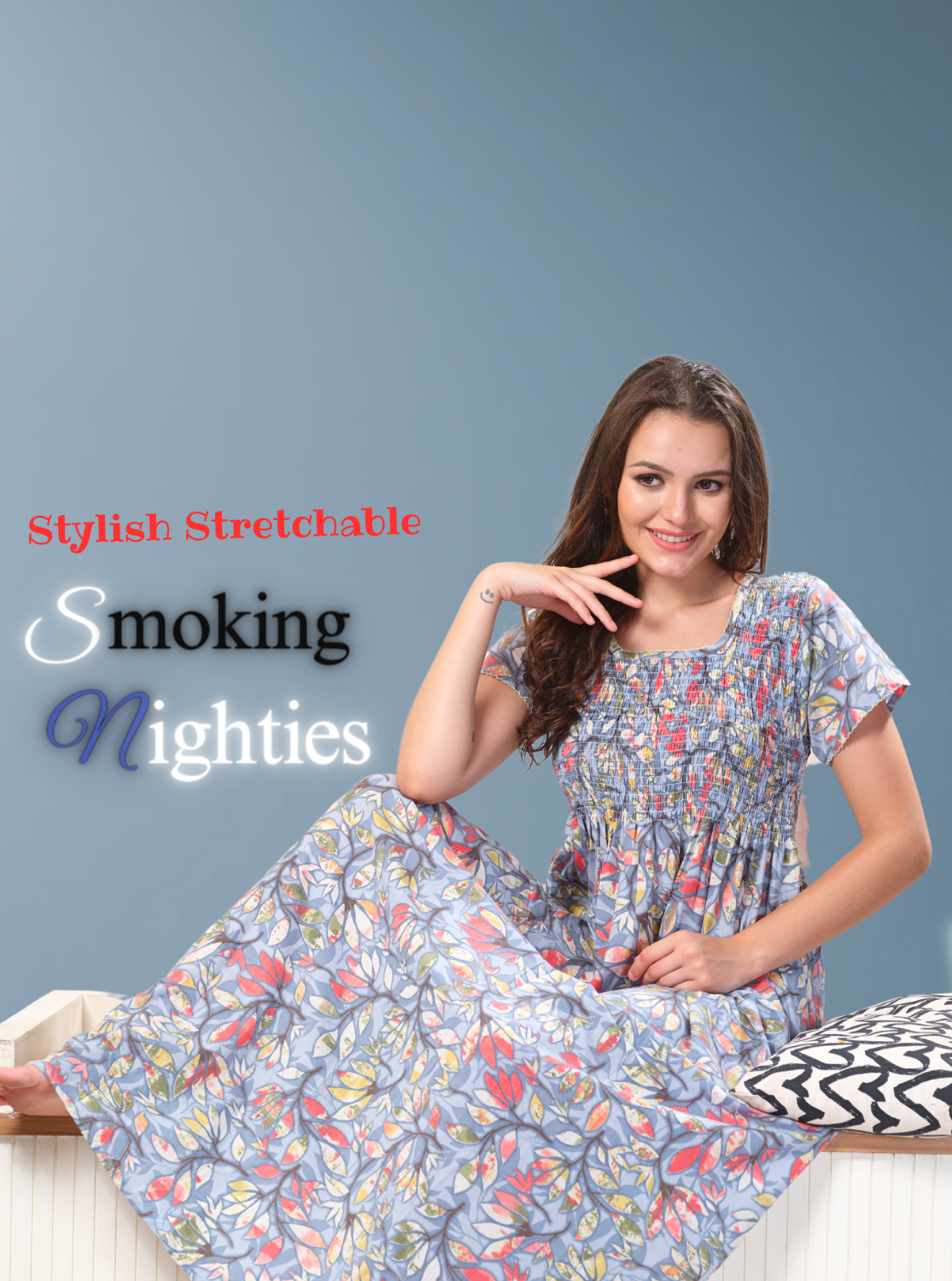 ONLY MINE Premium Smokey Nighty | Stretchable Elastic Type | Beautiful Pleated Model | Side Pocket | Stylish Nighty for Stylish Women's (OM-RAH)