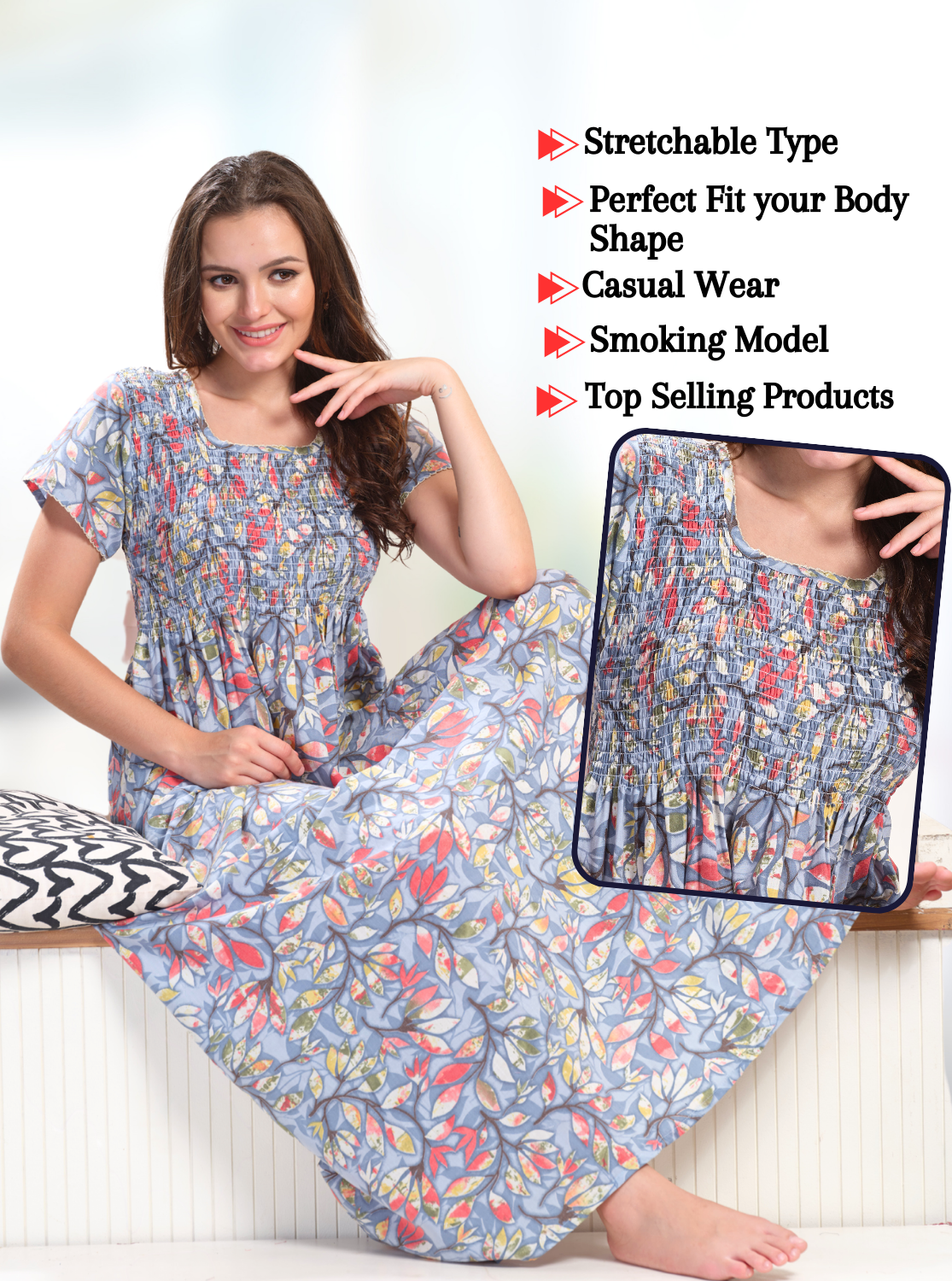 ONLY MINE Premium Smokey Nighty | Stretchable Elastic Type | Beautiful Pleated Model | Side Pocket | Stylish Nighty for Stylish Women's (OM-RAH)