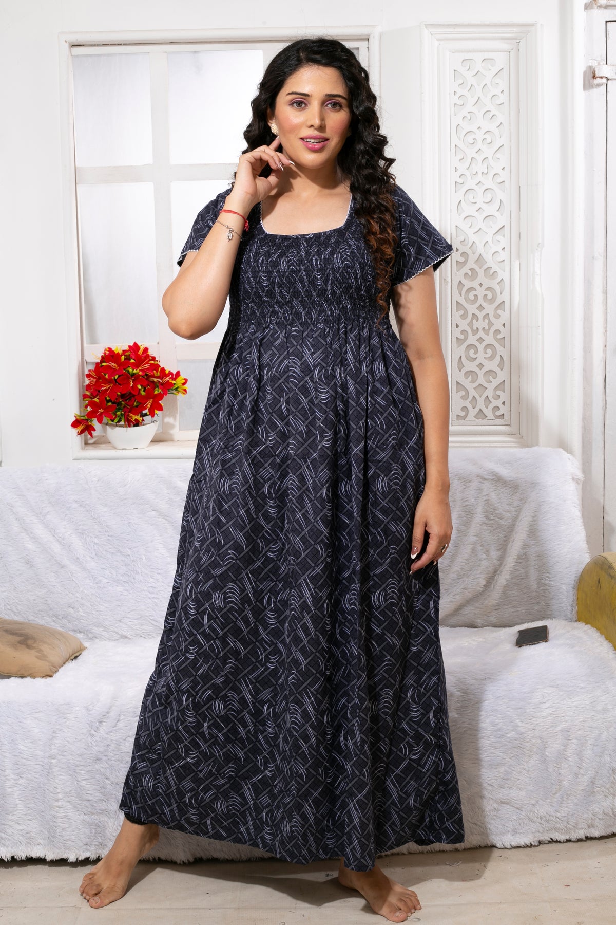 ONLY MINE Premium Smokey Nighty | Stretchable Elastic Type | Beautiful Pleated Model | Side Pocket | Stylish Nighty for Stylish Women's (OM-RAH)