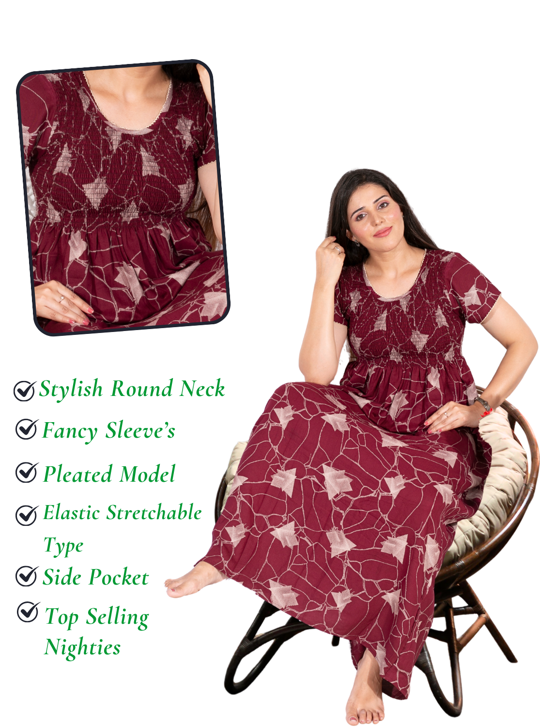 New Arrivals ONLY MINE Premium ALPINE Smokey Nighty | Beautiful Pleated Design | Side Pocket | Stylish Nighty for Trendy Women's | Your Perfect Nightwear Collection's (ALS)