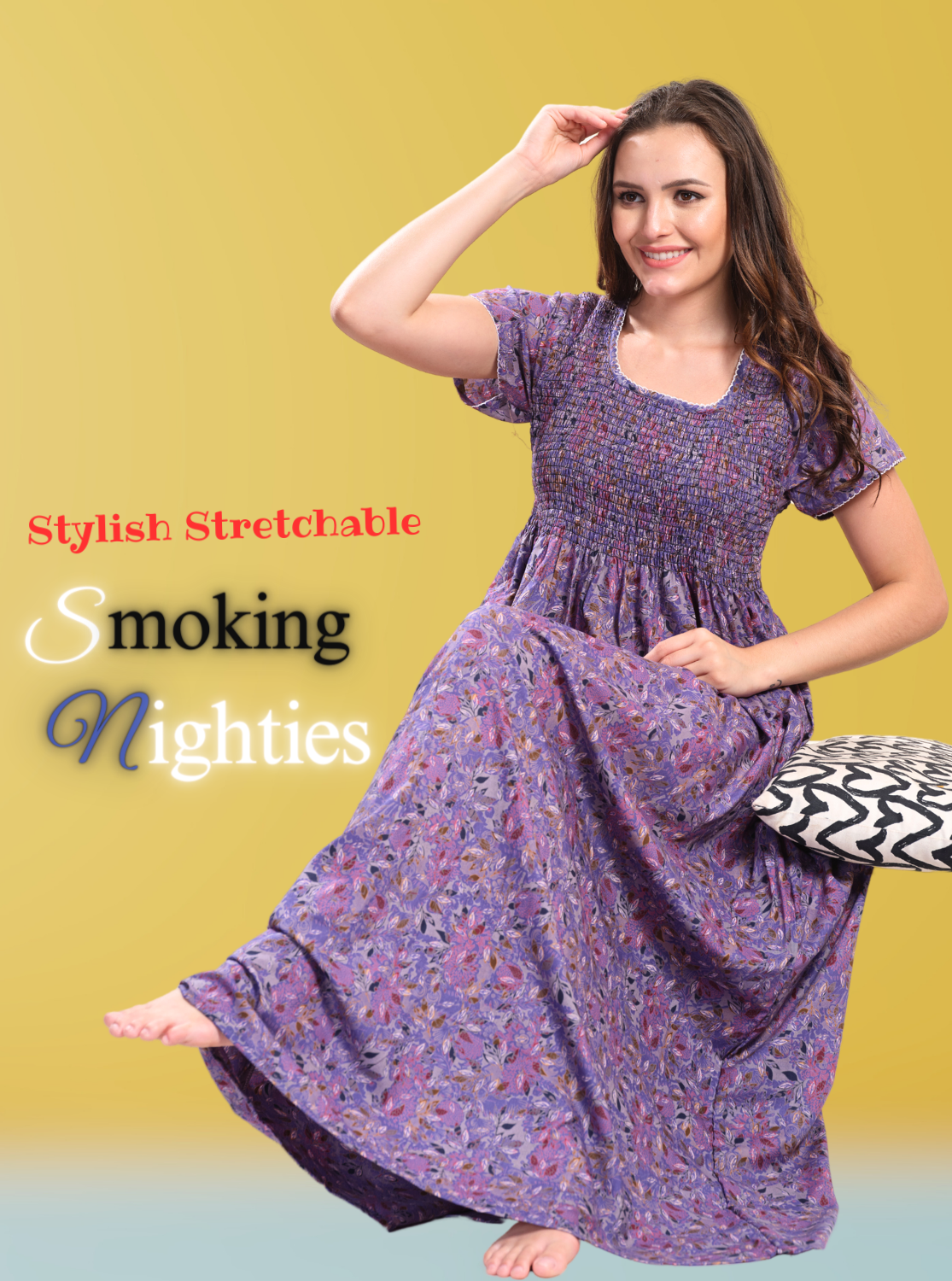 ONLY MINE Premium Smokey Nighty | Stretchable Elastic Type | Beautiful Pleated Model | Side Pocket | Stylish Nighty for Stylish Women's (OM-RAH)