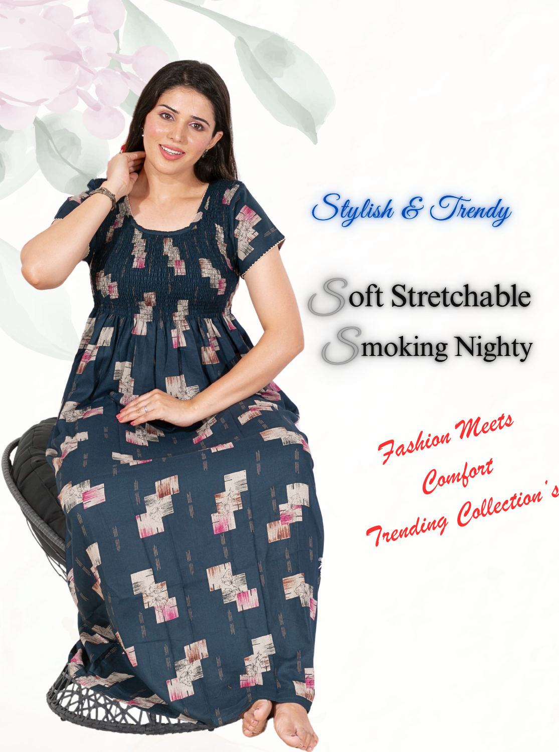 New Arrivals ONLY MINE Premium ALPINE Smokey Nighty | Beautiful Pleated Design | Side Pocket | Stylish Nighty for Trendy Women's | Your Perfect Nightwear Collection's (ALS)