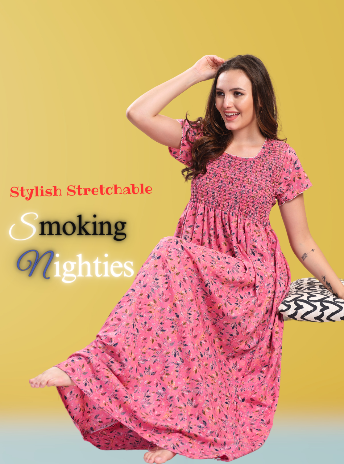 ONLY MINE Premium Smokey Nighty | Stretchable Elastic Type | Beautiful Pleated Model | Side Pocket | Stylish Nighty for Stylish Women's (OM-RAH)