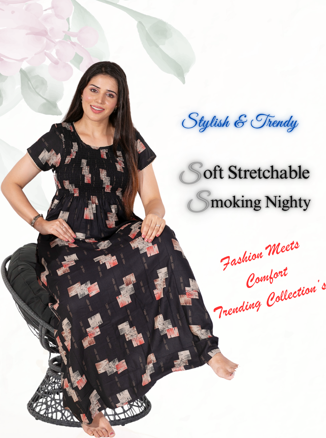 New Arrivals ONLY MINE Premium ALPINE Smokey Nighty | Beautiful Pleated Design | Side Pocket | Stylish Nighty for Trendy Women's | Your Perfect Nightwear Collection's (ALS)