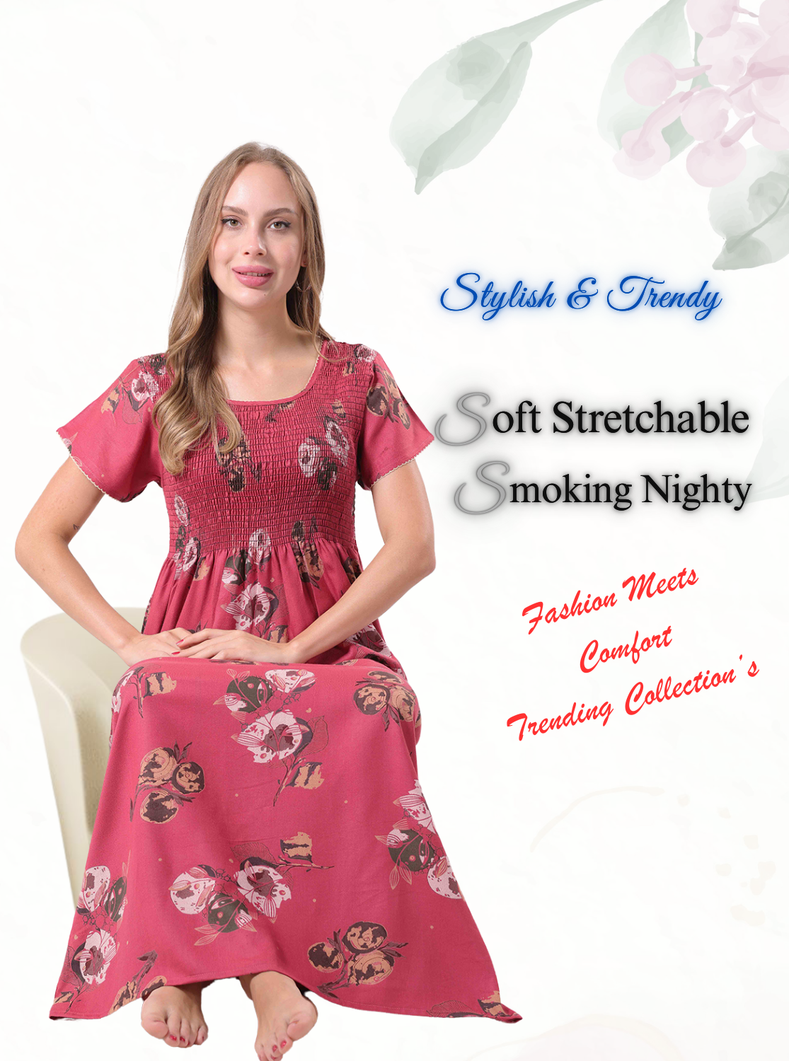 New Arrivals ALPINE Smokey Nighty | Beautiful Pleated Design | Side Pocket | Stylish Nighty for Trendy Women's | Your Perfect Nightwear Collection's (ALS)