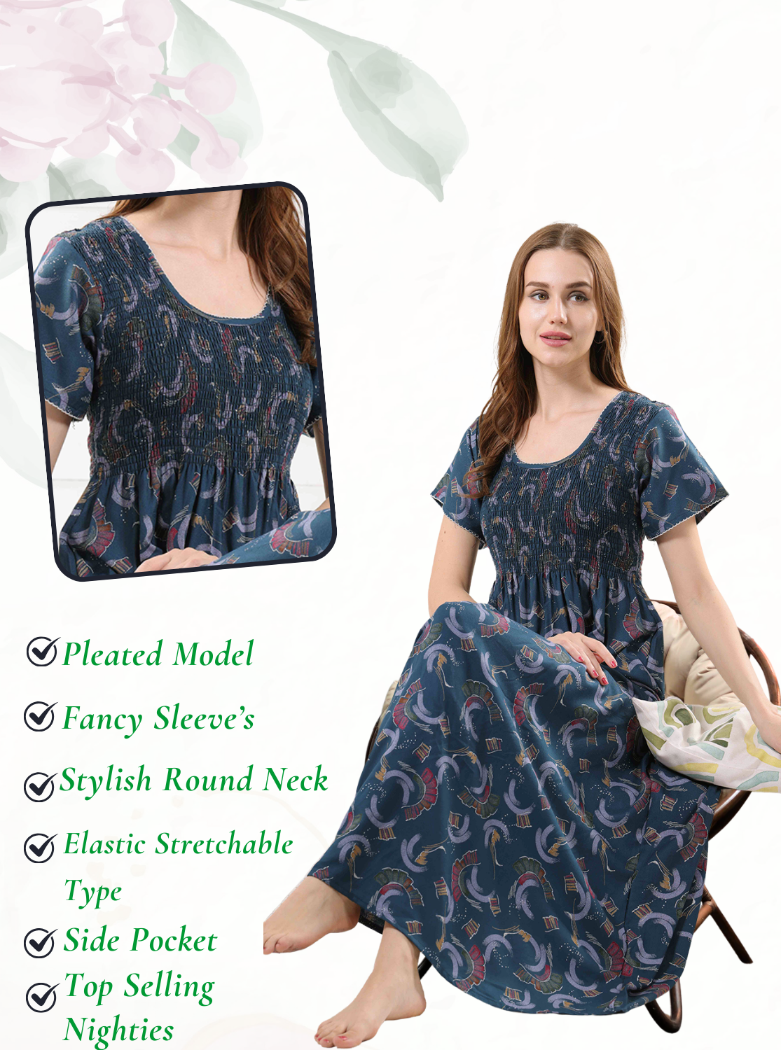 New Arrivals ALPINE Smokey Nighty | Beautiful Pleated Design | Side Pocket | Stylish Nighty for Trendy Women's | Your Perfect Nightwear Collection's (ALS)