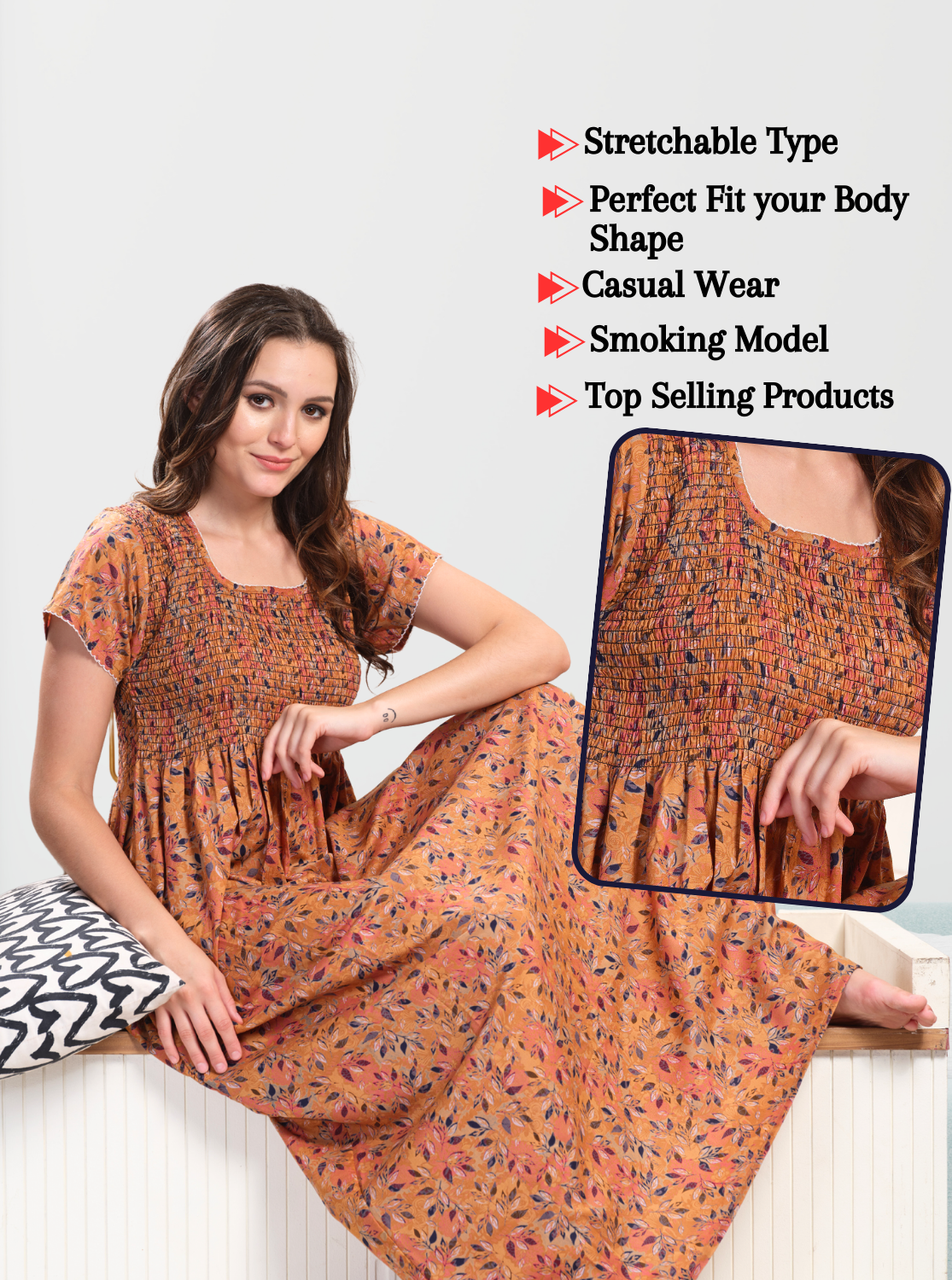 ONLY MINE Premium Smokey Nighty | Stretchable Elastic Type | Beautiful Pleated Model | Side Pocket | Stylish Nighty for Stylish Women's (OM-RAH)