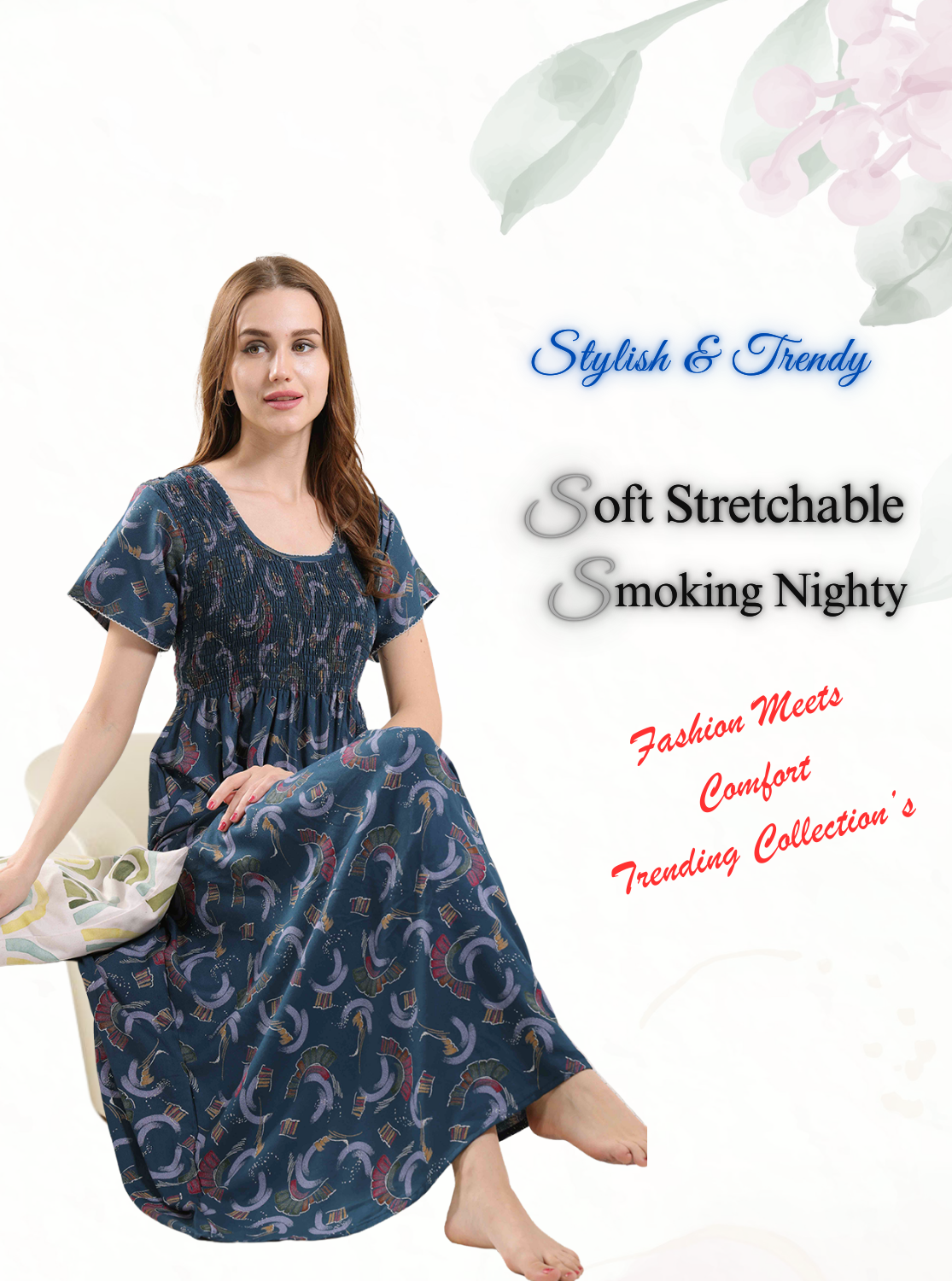 New Arrivals ALPINE Smokey Nighty | Beautiful Pleated Design | Side Pocket | Stylish Nighty for Trendy Women's | Your Perfect Nightwear Collection's (ALS)