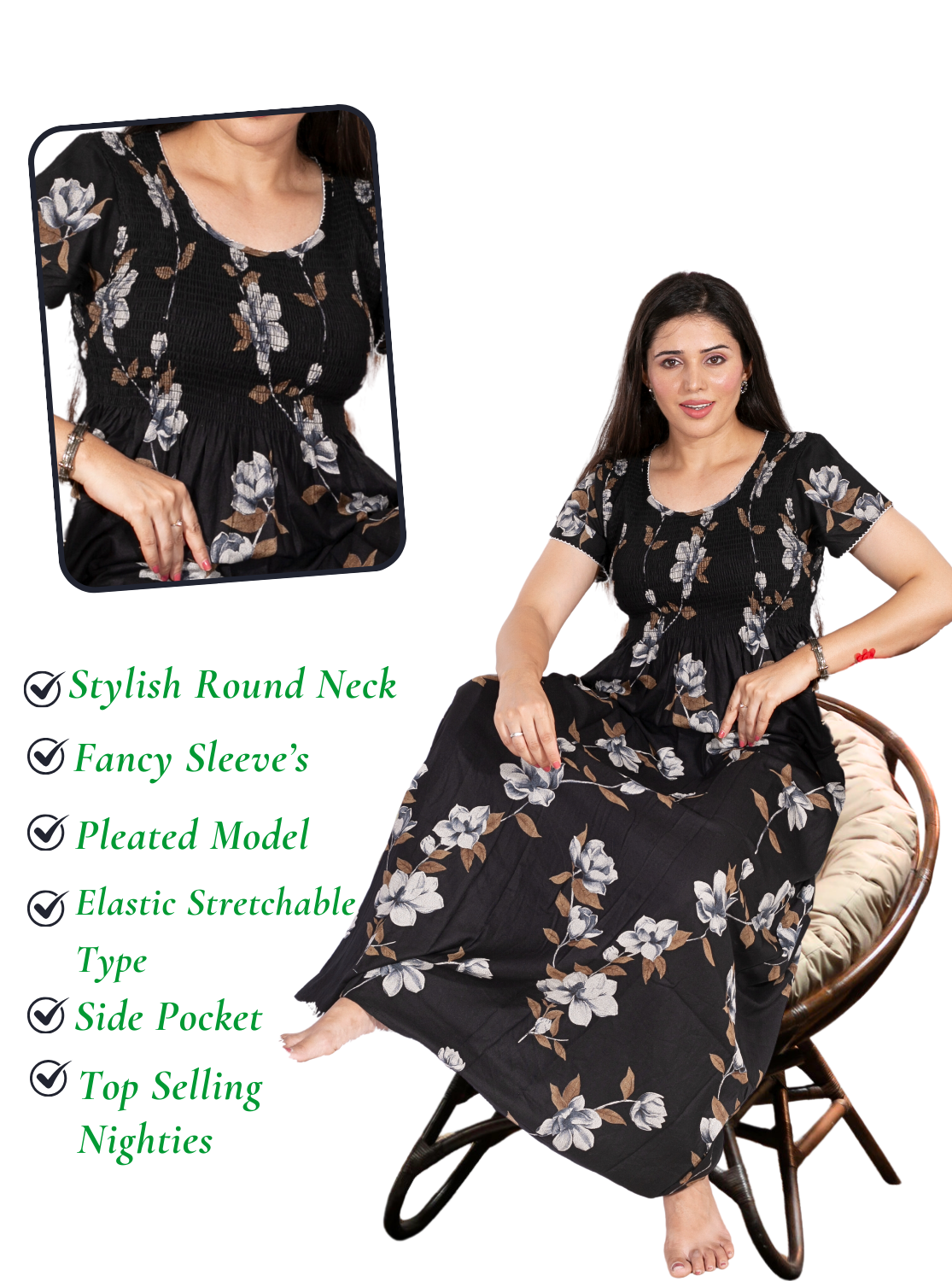 New Arrivals ONLY MINE Premium ALPINE Smokey Nighty | Beautiful Pleated Design | Side Pocket | Stylish Nighty for Trendy Women's | Your Perfect Nightwear Collection's (ALS)