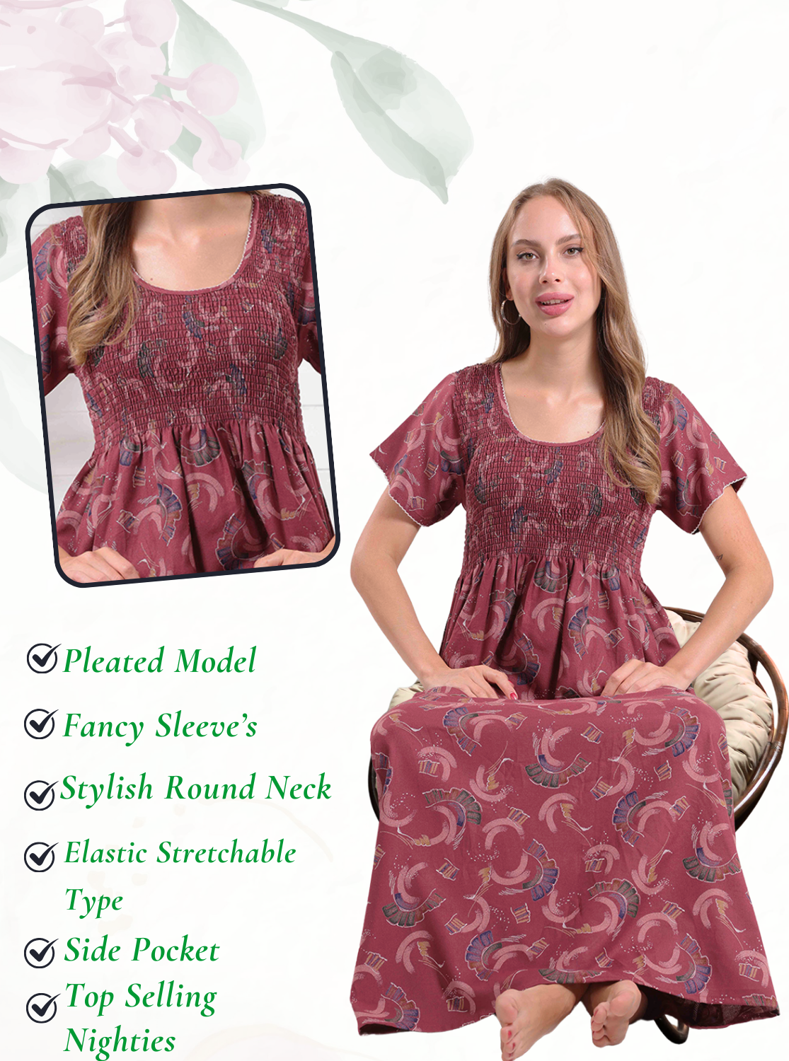 New Arrivals ALPINE Smokey Nighty | Beautiful Pleated Design | Side Pocket | Stylish Nighty for Trendy Women's | Your Perfect Nightwear Collection's (ALS)