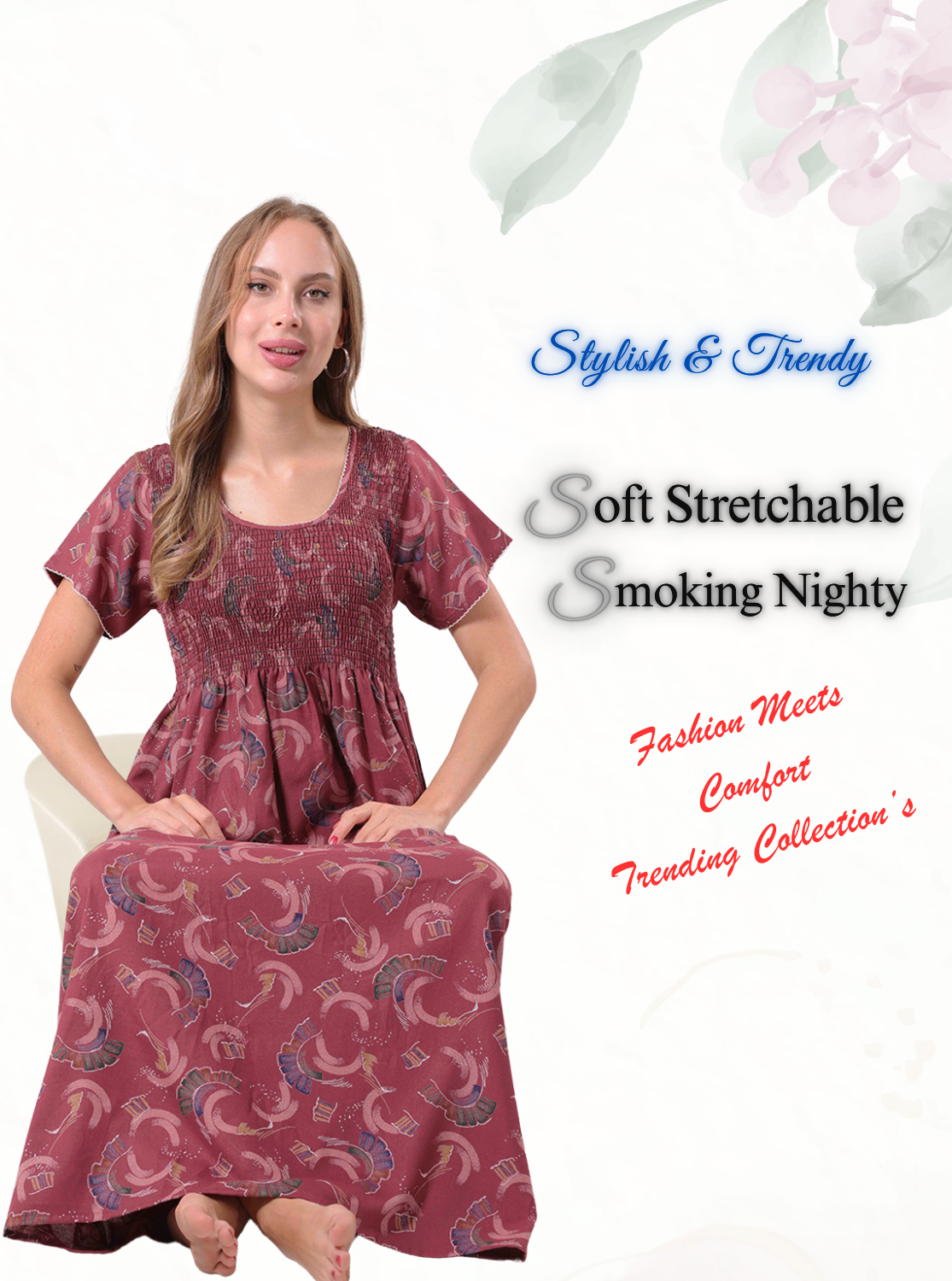 New Arrivals ALPINE Smokey Nighty | Beautiful Pleated Design | Side Pocket | Stylish Nighty for Trendy Women's | Your Perfect Nightwear Collection's (ALS)