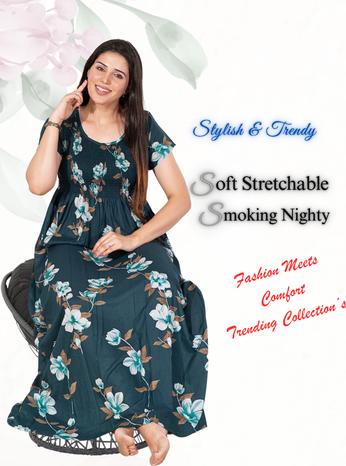 New Arrivals ONLY MINE Premium ALPINE Smokey Nighty | Beautiful Pleated Design | Side Pocket | Stylish Nighty for Trendy Women's | Your Perfect Nightwear Collection's (ALS)