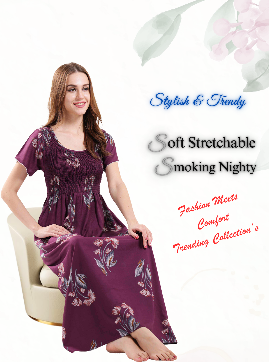 New Arrivals ALPINE Smokey Nighty | Beautiful Pleated Design | Side Pocket | Stylish Nighty for Trendy Women's | Your Perfect Nightwear Collection's (ALS)