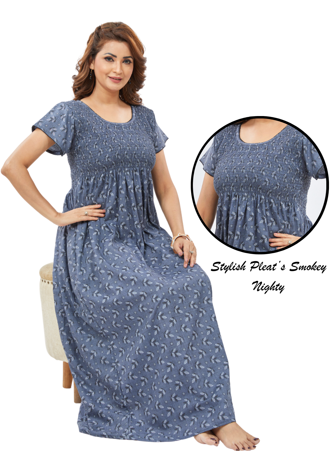 ONLY MINE Premium Synthetic Smokey Nighty | Beautiful Pleated Design | Side Pocket | Stylish Nighty for Stylish Women's