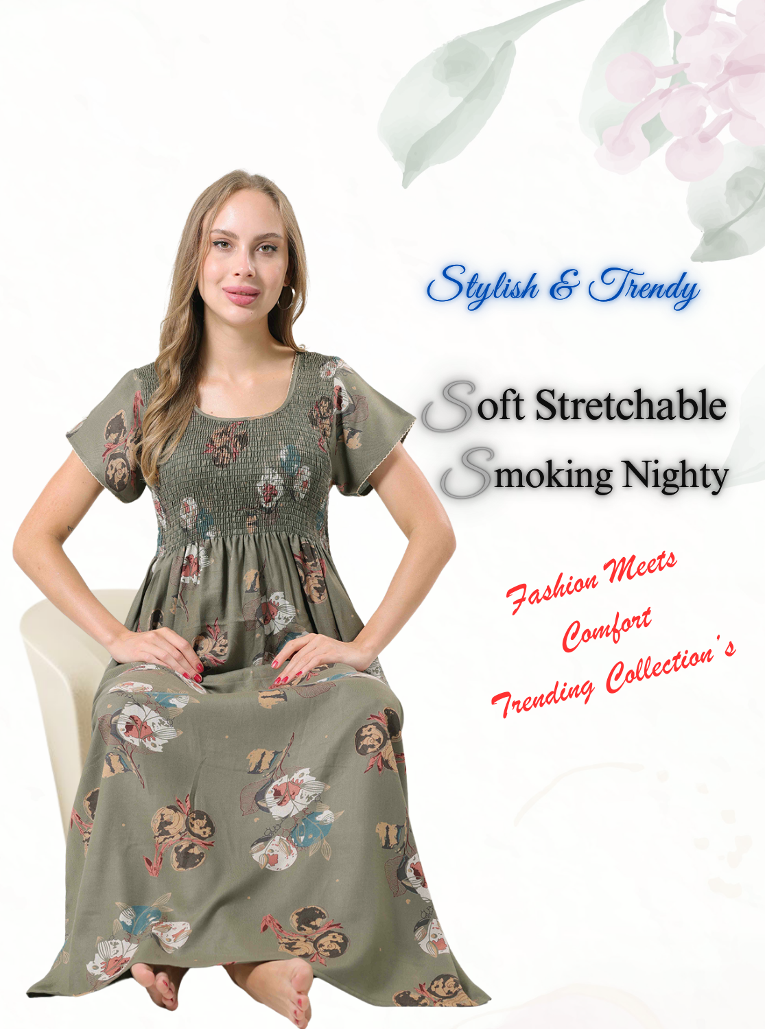 New Arrivals ALPINE Smokey Nighty | Beautiful Pleated Design | Side Pocket | Stylish Nighty for Trendy Women's | Your Perfect Nightwear Collection's (ALS)