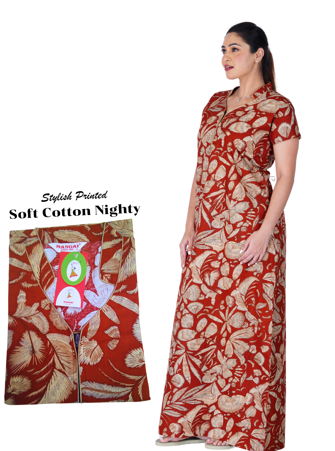 MANGAI New Premium Cotton Printed Nighties- All Over Printed Stylish Nightwear for Stylish Women | Updated Design's | Beautiful Collar Nighty
