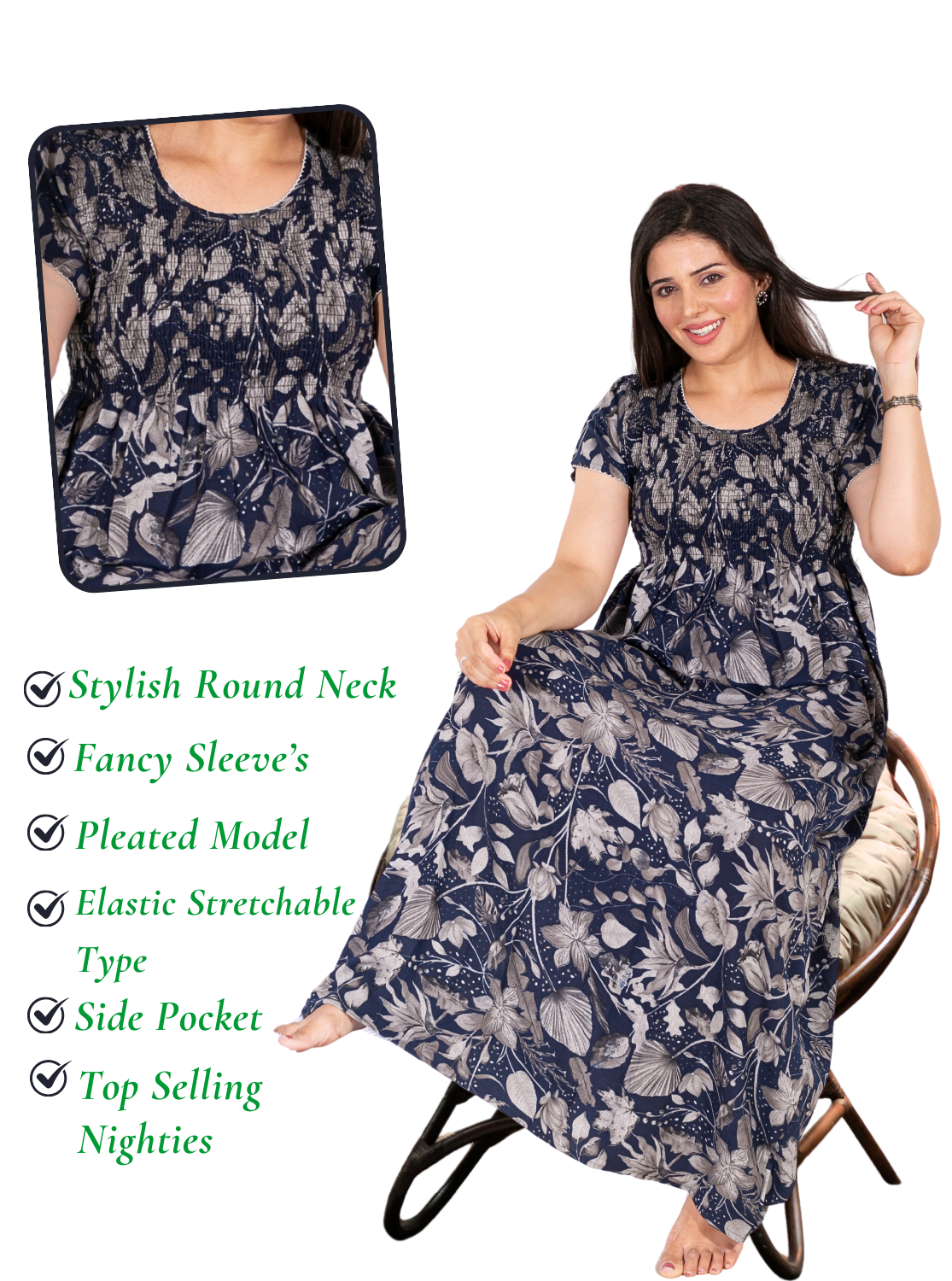 New Arrivals ONLY MINE Premium ALPINE Smokey Nighty | Beautiful Pleated Design | Side Pocket | Stylish Nighty for Trendy Women's | Your Perfect Nightwear Collection's (ALS)