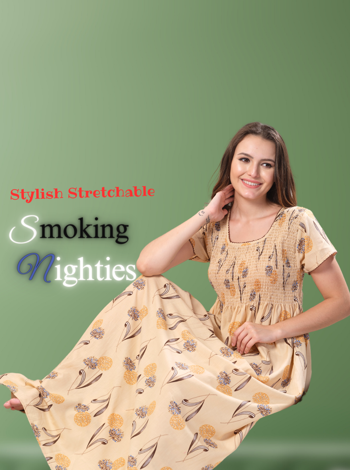 ONLY MINE Premium Smokey Nighty | Stretchable Elastic Type | Beautiful Pleated Model | Side Pocket | Stylish Nighty for Stylish Women's (OM-RAH)