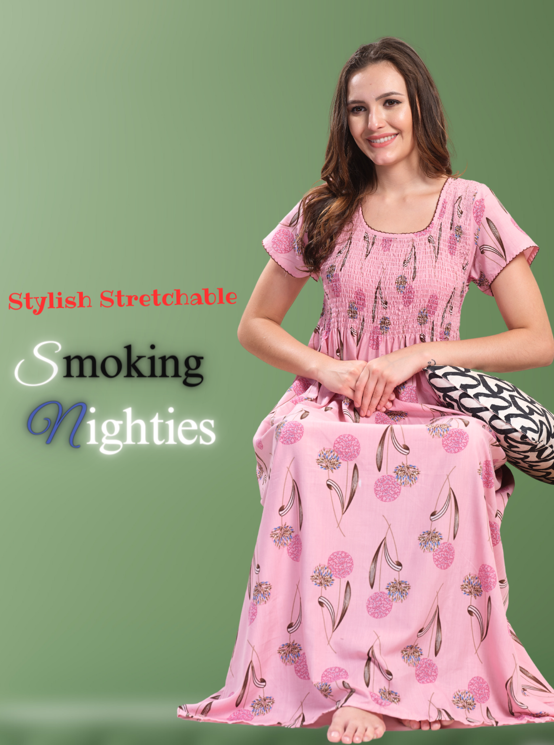 ONLY MINE Premium Smokey Nighty | Stretchable Elastic Type | Beautiful Pleated Model | Side Pocket | Stylish Nighty for Stylish Women's (OM-RAH)