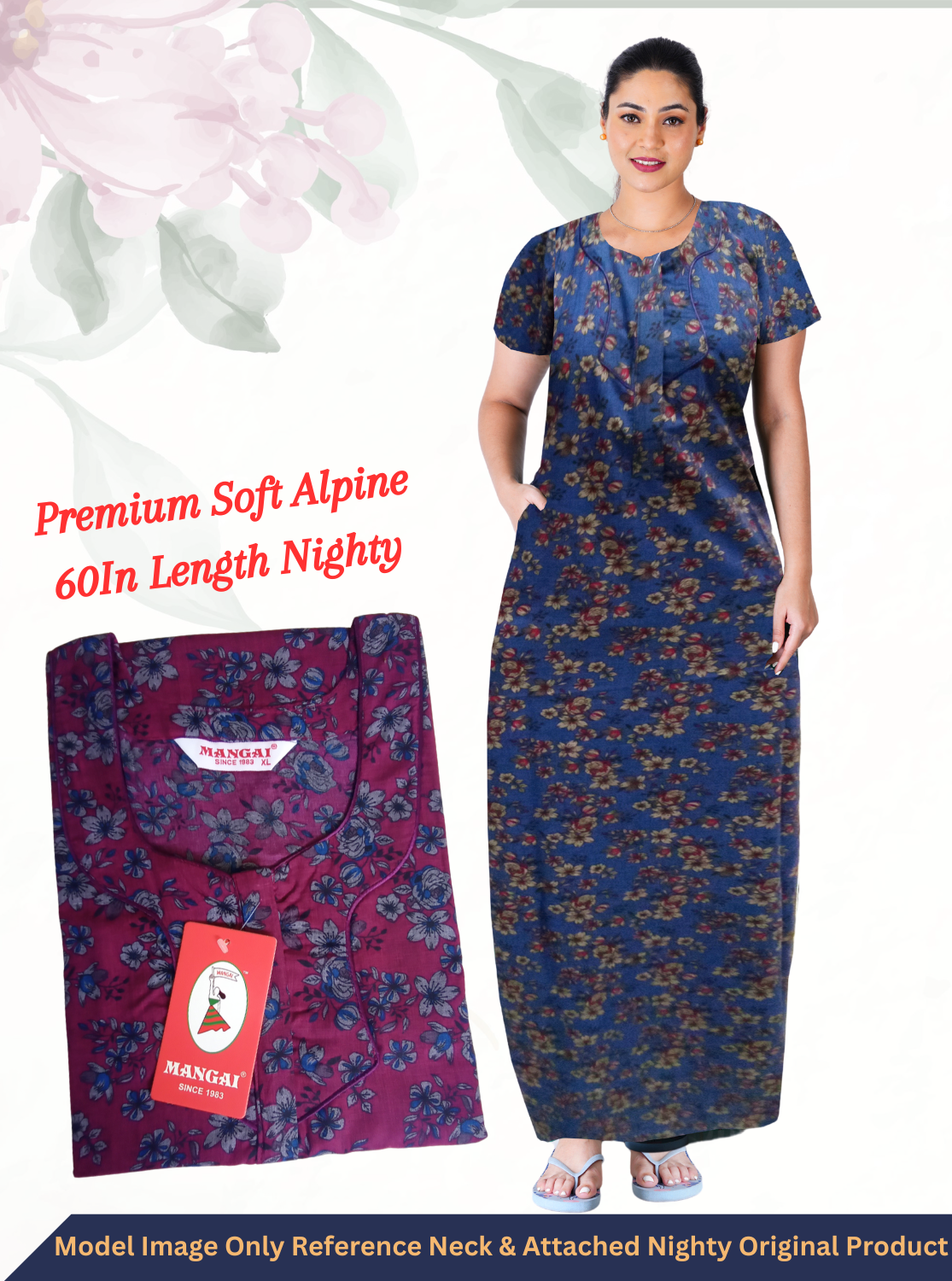 MANGAI Alpine 60Inch Nighties - Fancy Neck | With Side Pocket |Shrinkage Free Nighties | Stylish Collection's for Trendy Women's
