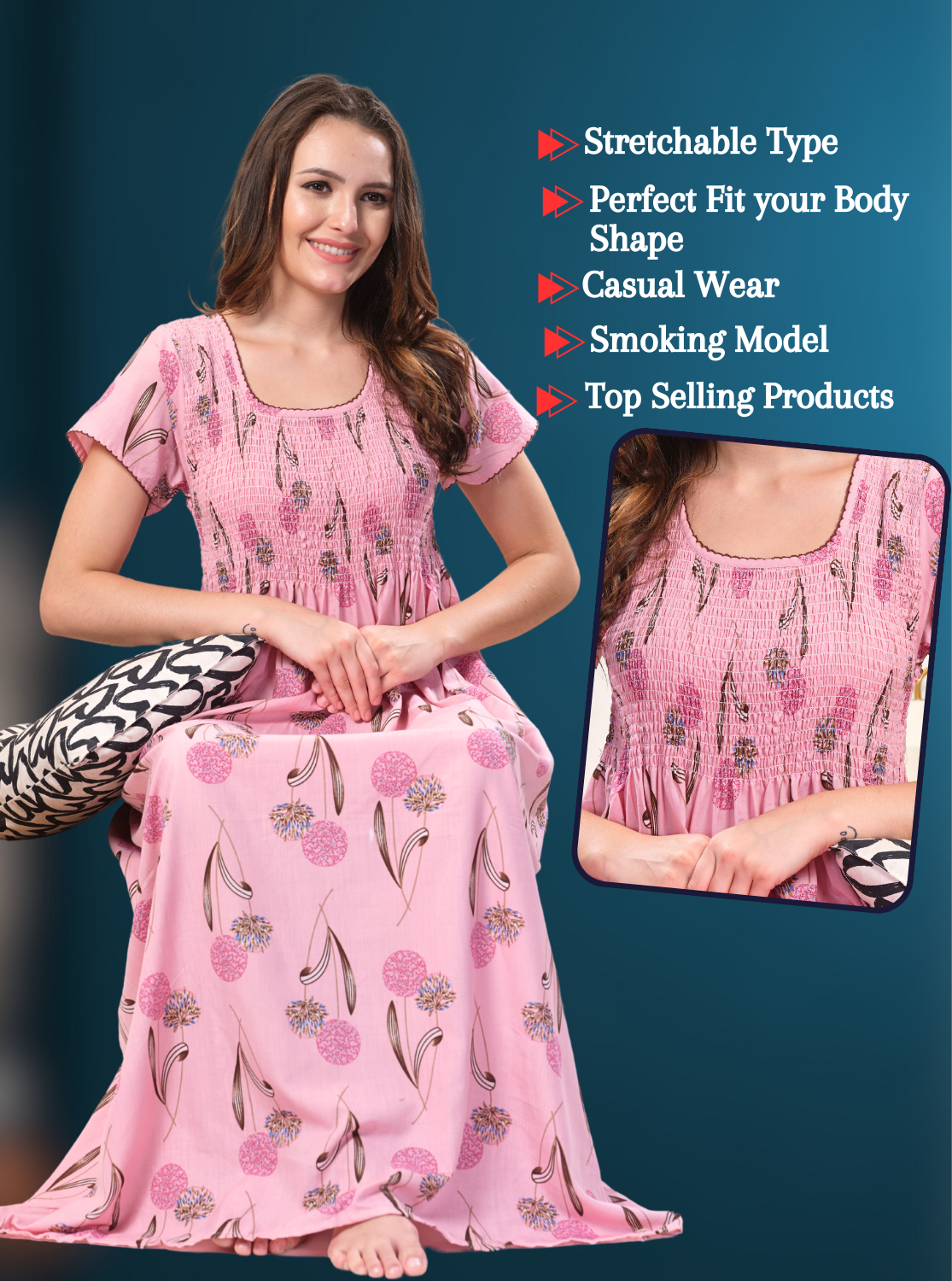 ONLY MINE Premium Smokey Nighty | Stretchable Elastic Type | Beautiful Pleated Model | Side Pocket | Stylish Nighty for Stylish Women's (OM-RAH)