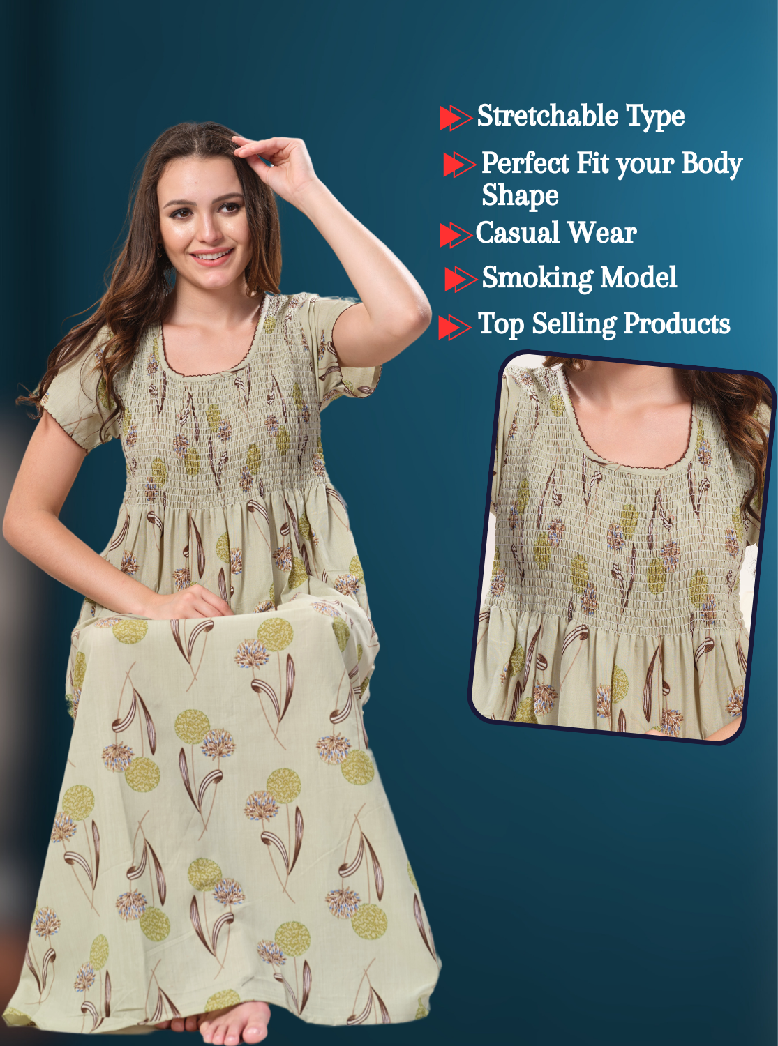 ONLY MINE Premium Smokey Nighty | Stretchable Elastic Type | Beautiful Pleated Model | Side Pocket | Stylish Nighty for Stylish Women's (OM-RAH)