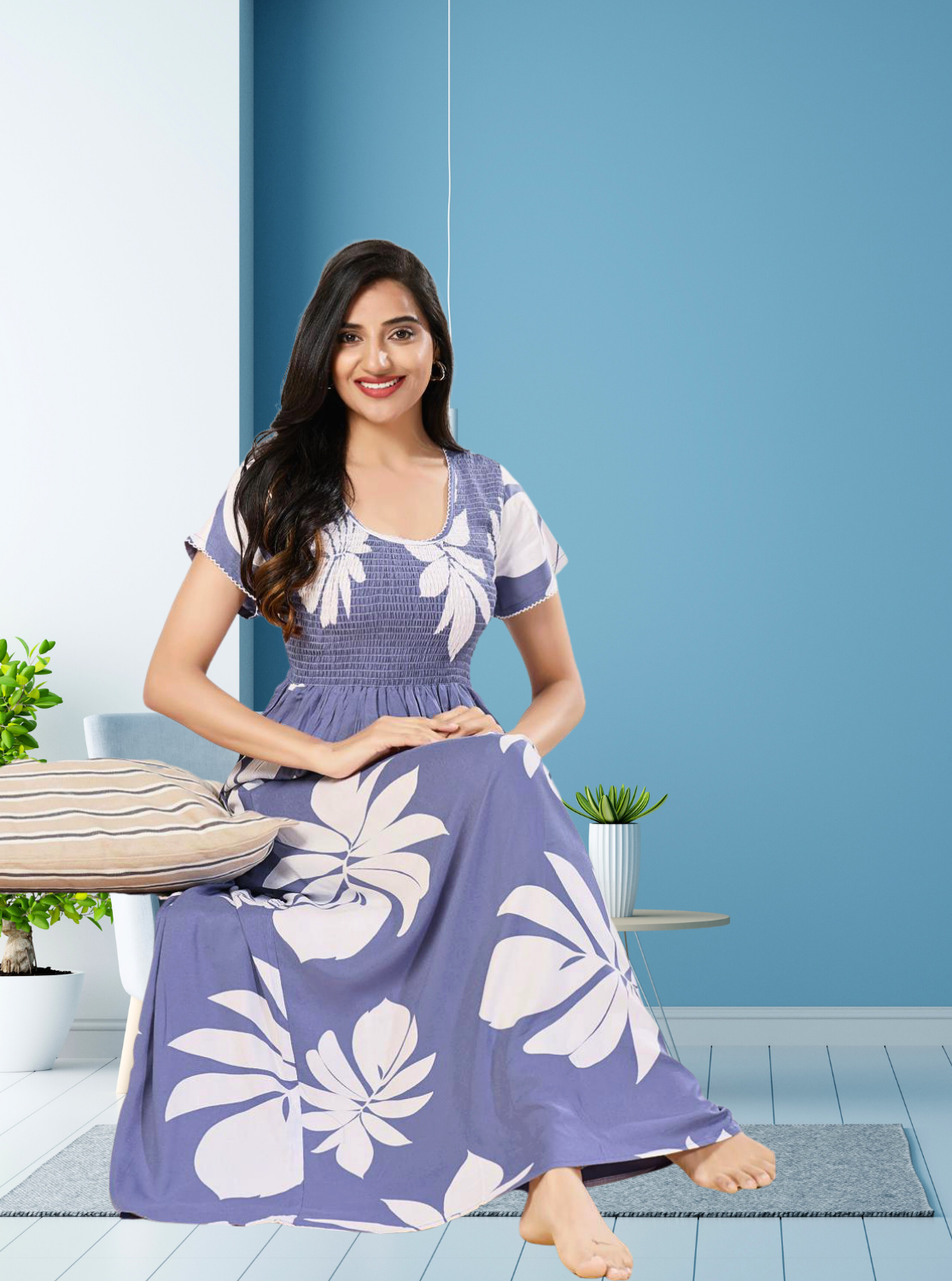 MANGAI RAYON Smocking Nighty | Beautiful Pleated Design | Side Pocket | Stylish Nighty for Trendy Women's | Your Perfect Nightwear Collection's (SRN)