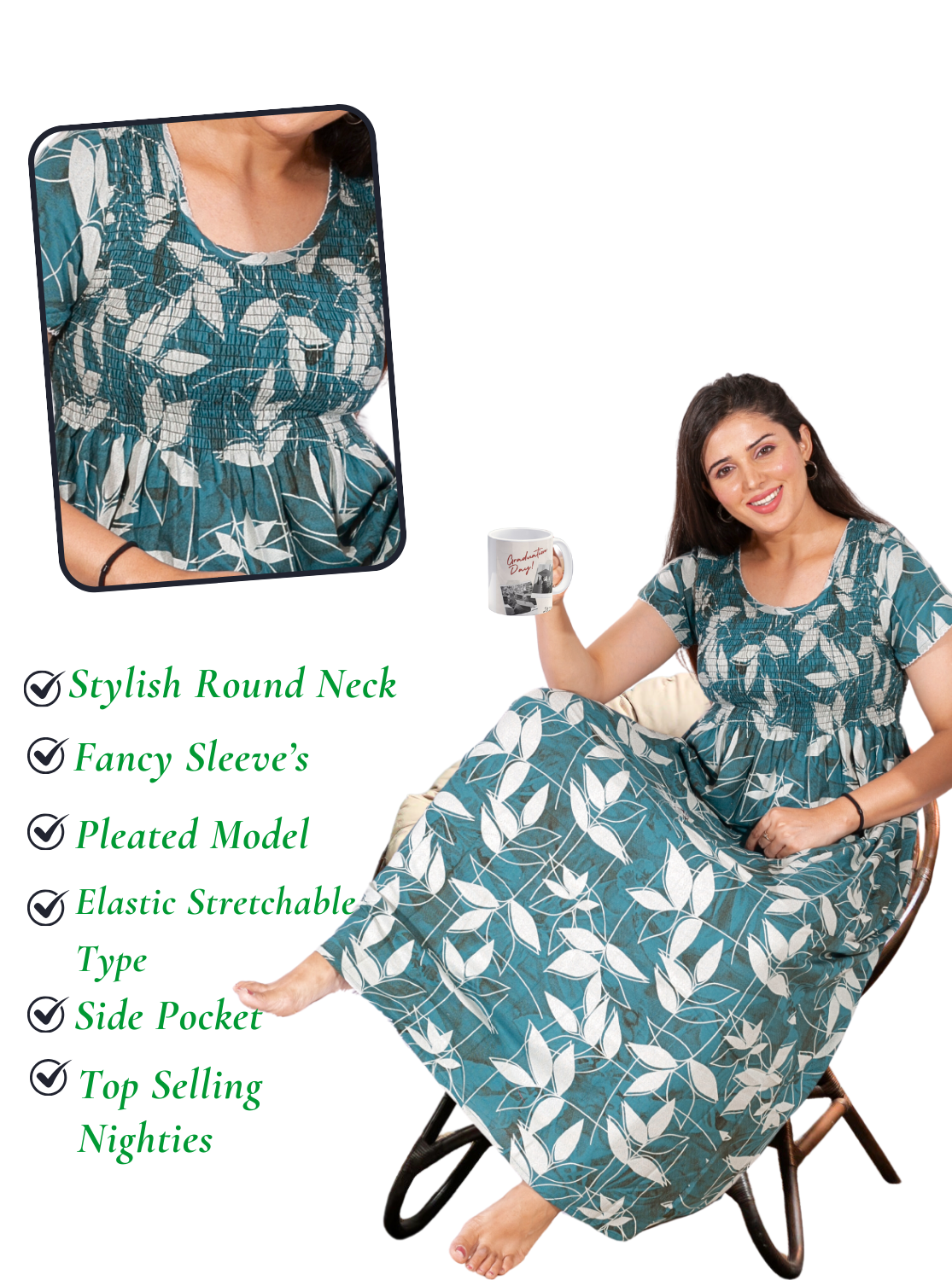 New Arrivals ONLY MINE Premium ALPINE Smokey Nighty | Beautiful Pleated Design | Side Pocket | Stylish Nighty for Trendy Women's | Your Perfect Nightwear Collection's (ALS)