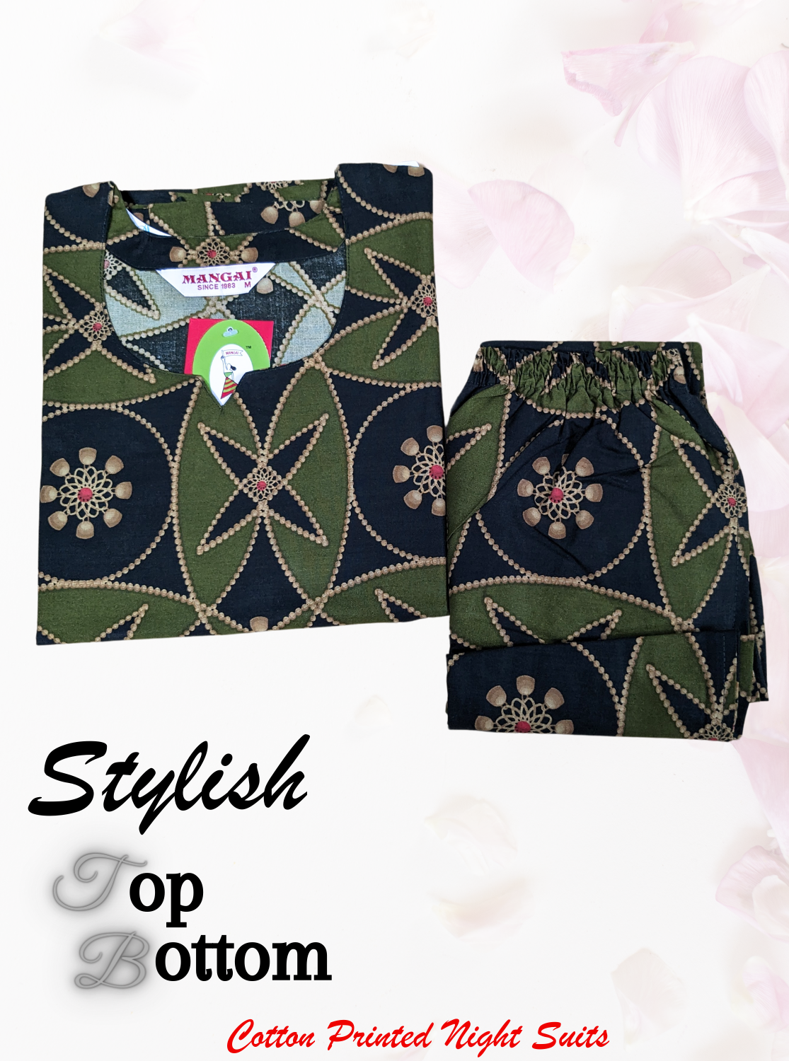 Stylish MANGAI New Premium Cotton Printed Night Suits- Stylish Printed Top & Bottom Set for Trendy Women's