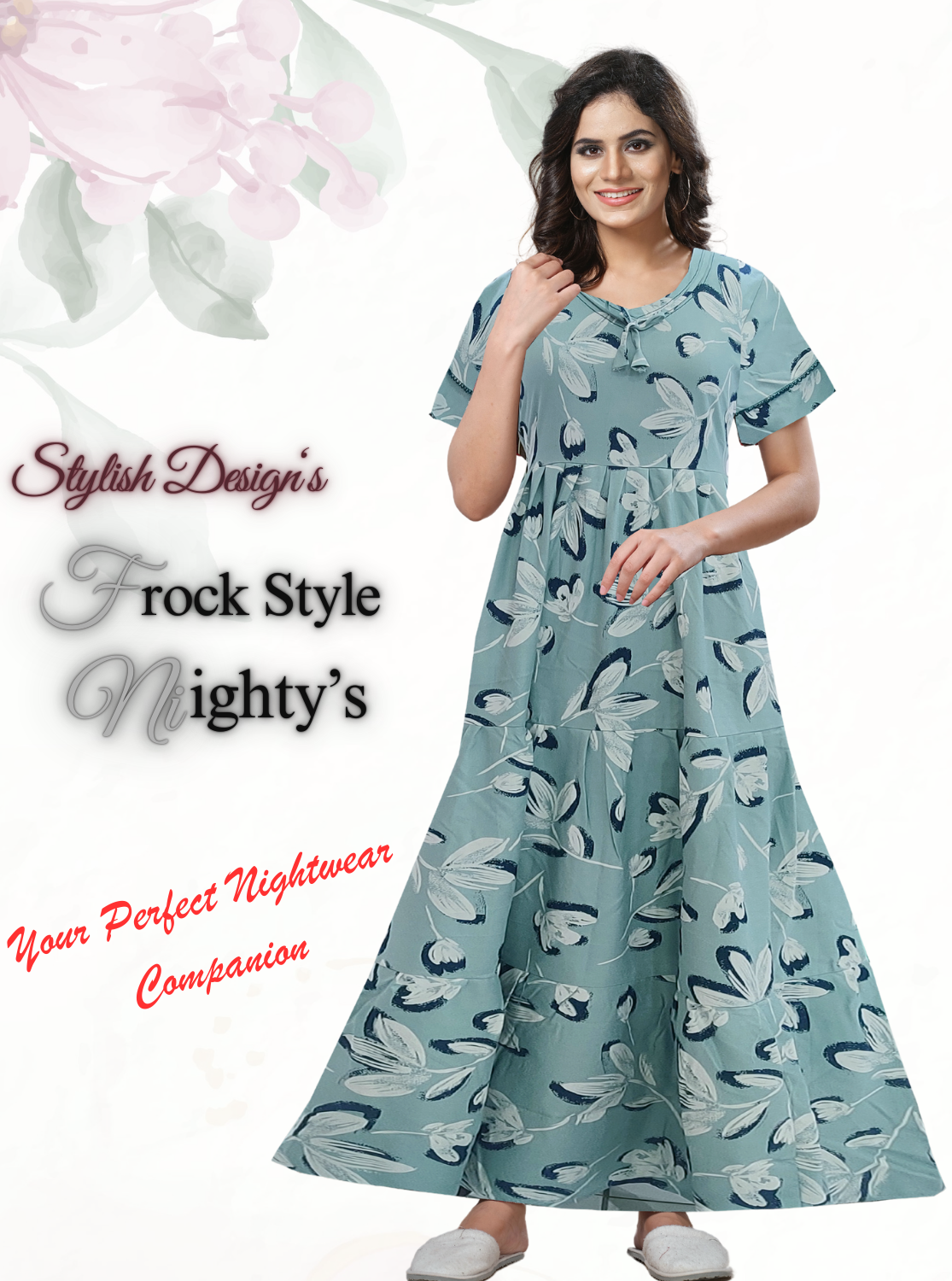 Fresh Arrivals MANGAI Alpine FULL FROCK Model Nighties | Beautiful Stylish Frock Style | Stylish Fancy Sleeves | Side Pocket | Perfect Nightwear Trendy Women's (FRK)