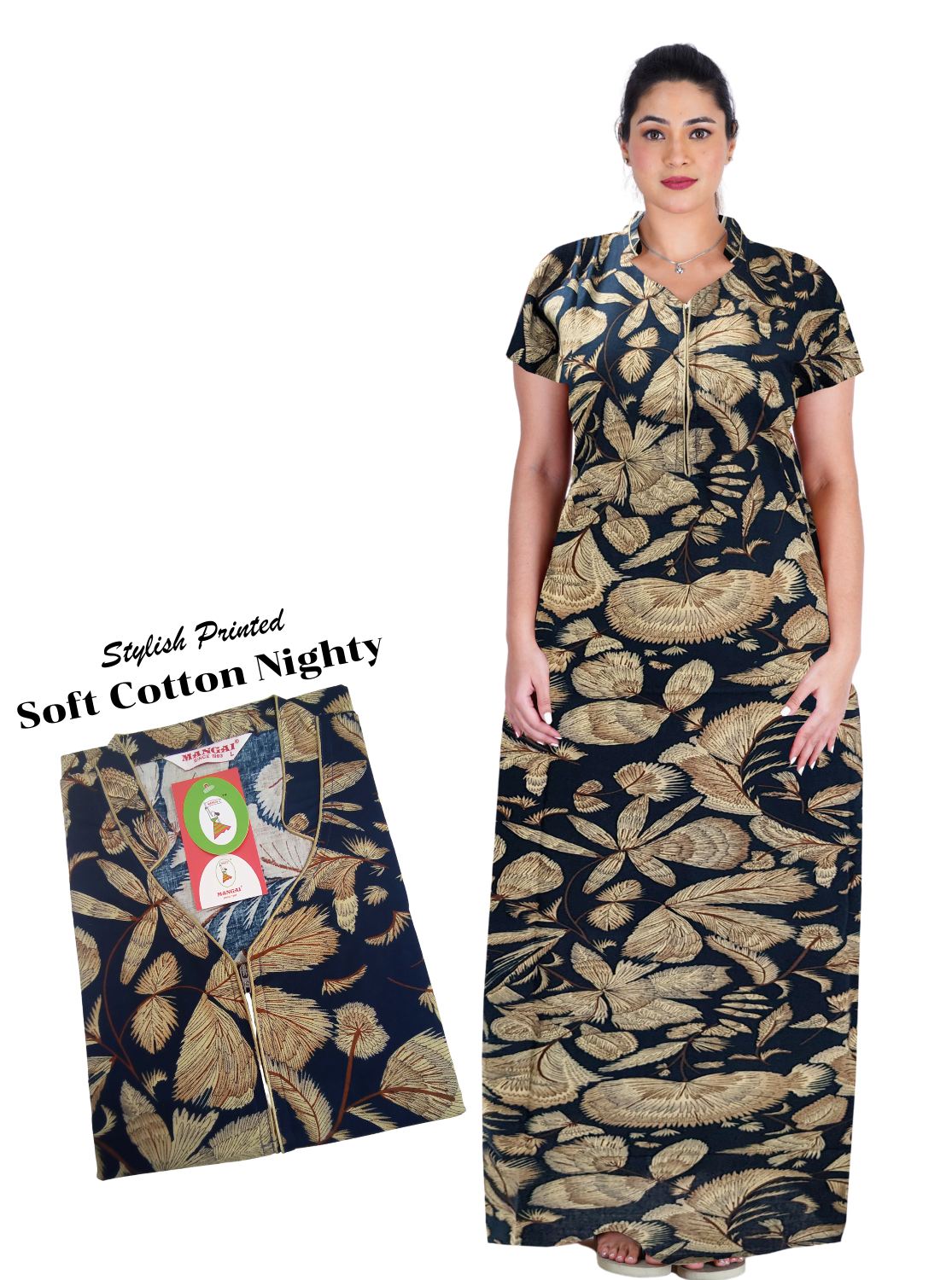 MANGAI New Premium Cotton Printed Nighties- All Over Printed Stylish Nightwear for Stylish Women | Updated Design's | Beautiful Collar Nighty