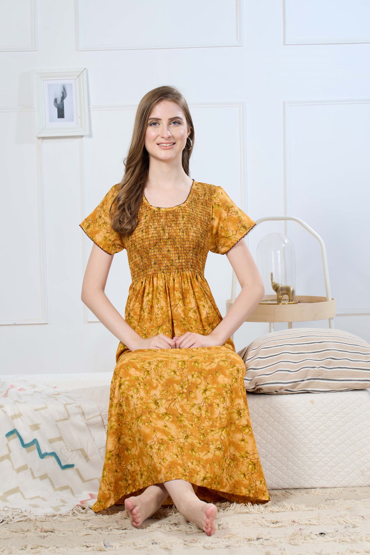 Synthetic Printed Smocking Nighties Online