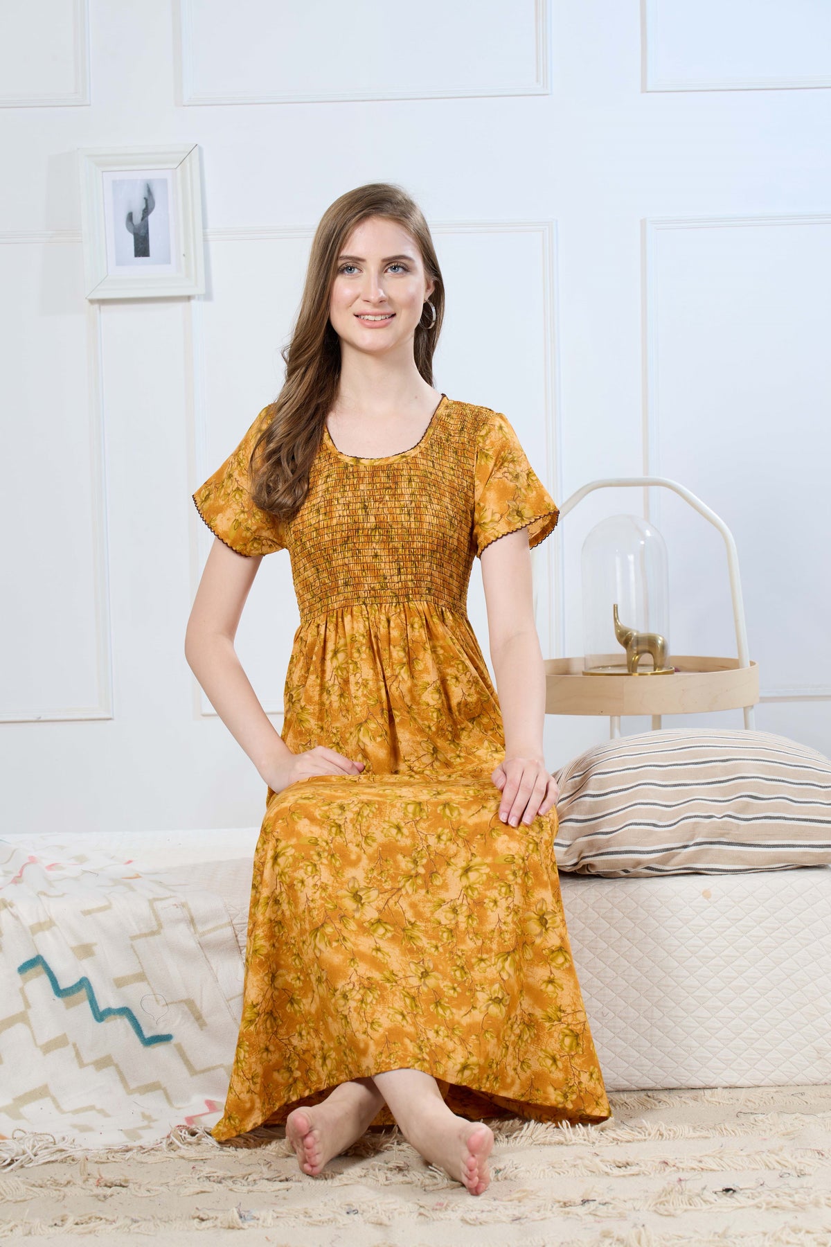 Synthetic Printed Smocking Nighties Online