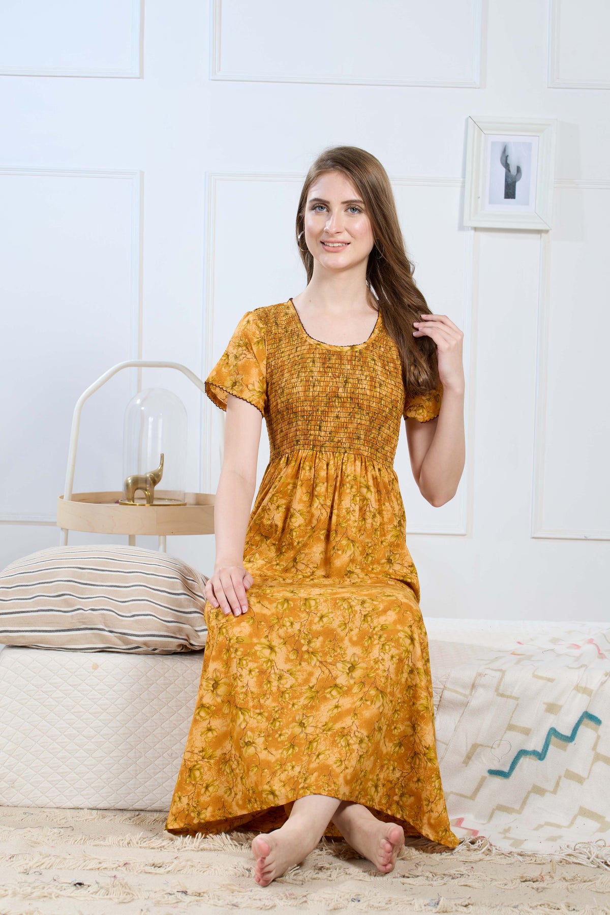 Synthetic Printed Smocking Nighties Online
