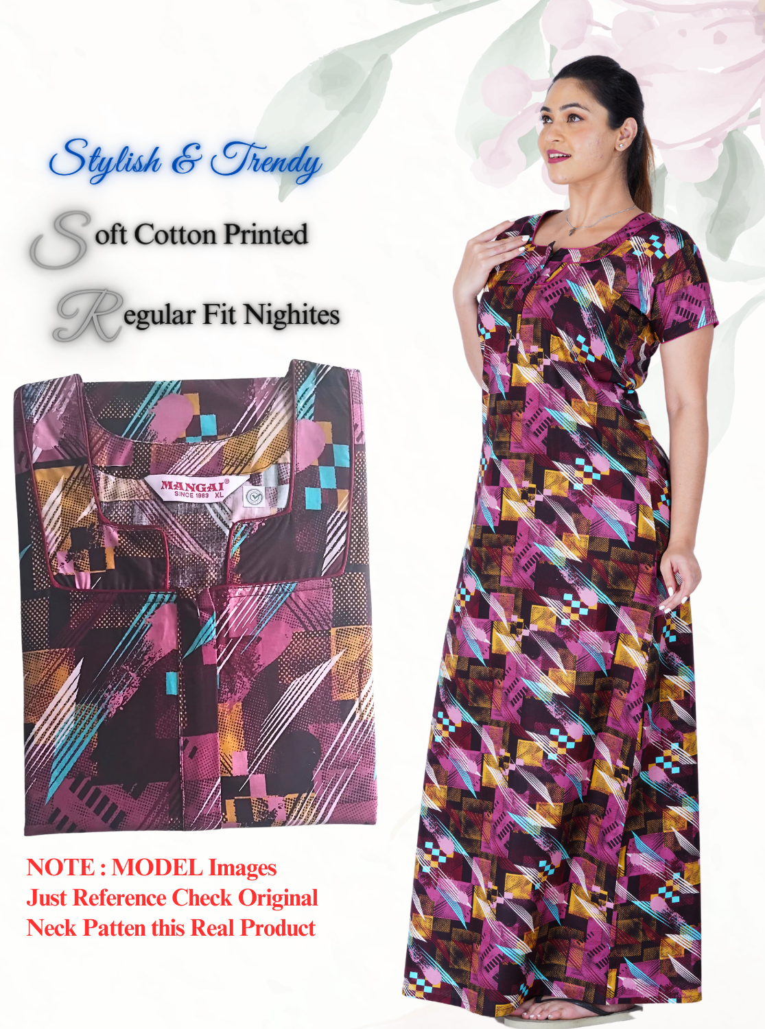 MANGAI New Regular Fit Cotton Printed Nighties - All Over Printed Stylish Nightwear for Stylish Women | Side Cut Pocket | Beautiful Nighties for Stylish Women's | Colorful Printed Cotton Nighties (LDM)