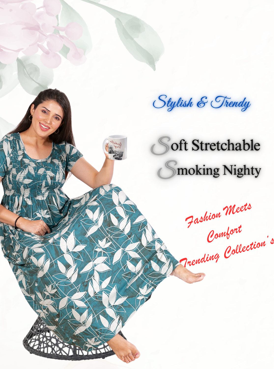 New Arrivals ONLY MINE Premium ALPINE Smokey Nighty | Beautiful Pleated Design | Side Pocket | Stylish Nighty for Trendy Women's | Your Perfect Nightwear Collection's (ALS)