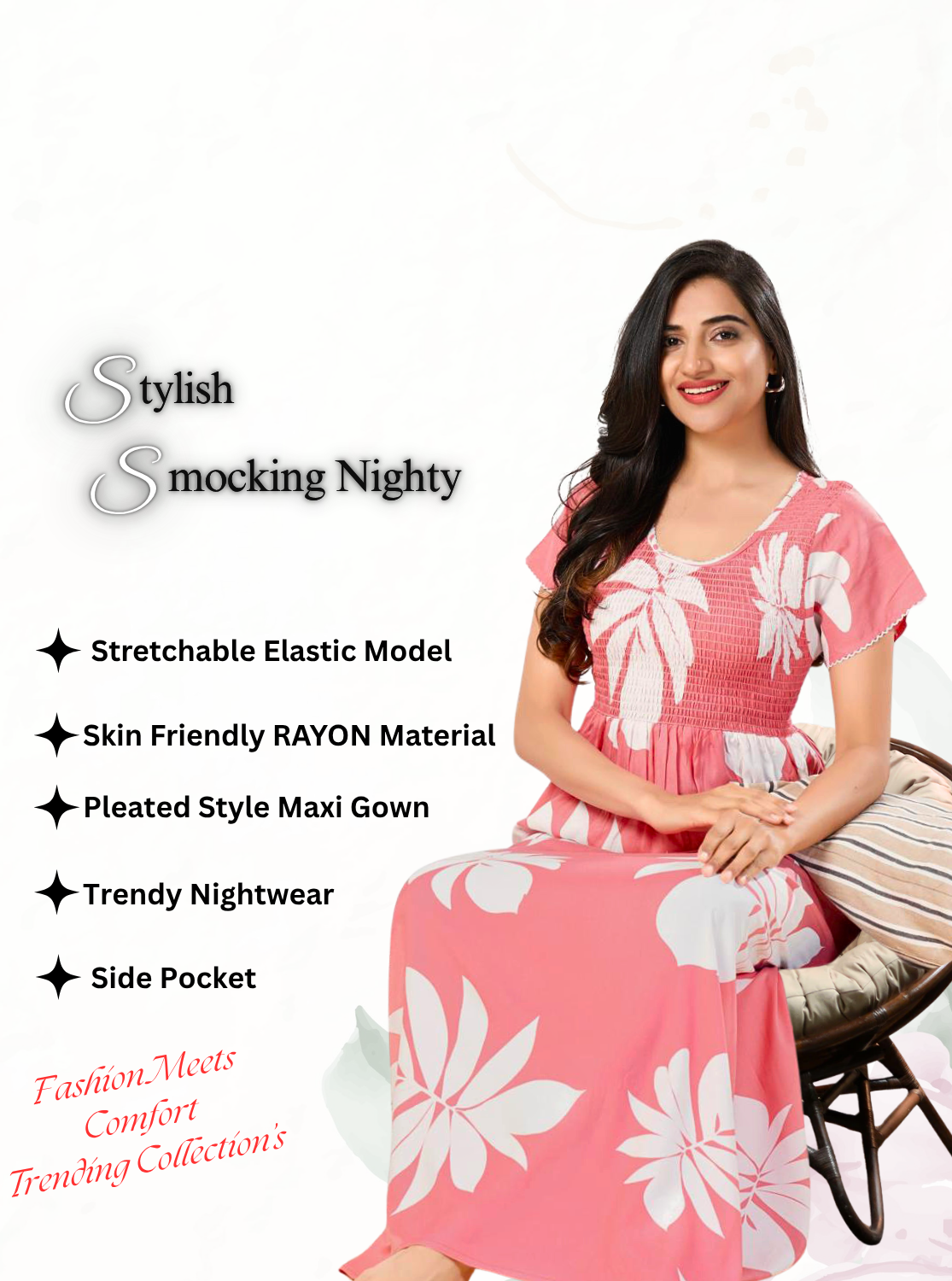 MANGAI RAYON Smocking Nighty | Beautiful Pleated Design | Side Pocket | Stylish Nighty for Trendy Women's | Your Perfect Nightwear Collection's (SRN)