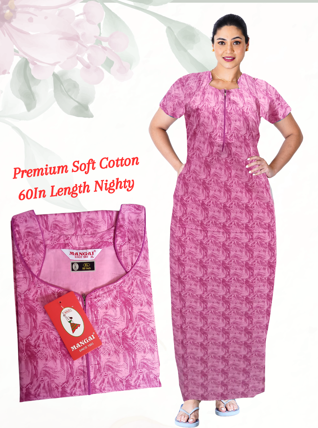 MANGAI Fresh Arrivals Cotton 60Inch Nighties - Fancy Neck | With Side Pocket |Shrinkage Free Nighties | Stylish Collection's for Trendy Women's