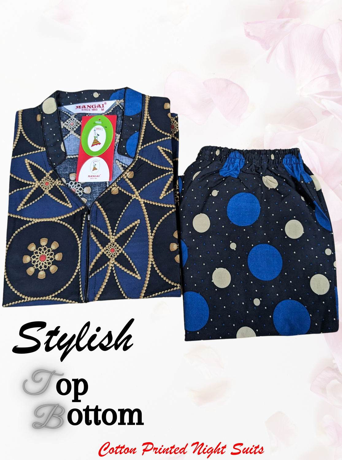 New Arrivals MANGAI Premium Cotton Printed Stylish Night Suits- Stylish Printed Top & Bottom Set for Trendy Women's