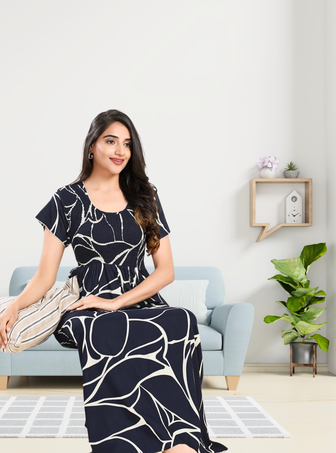 MANGAI RAYON Smocking Nighty | Beautiful Pleated Design | Side Pocket | Stylish Nighty for Trendy Women's | Your Perfect Nightwear Collection's (SRN)