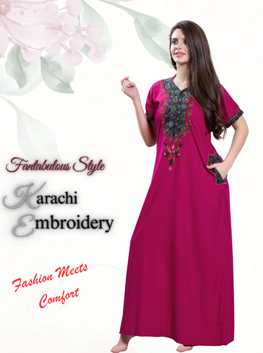 MANGAI Premium KARACHI Embroidery Nighties | Beautiful Embroidery Design's | Branded Quality | Half Sleeve | Collar Model | Stylish Nightdress for Women