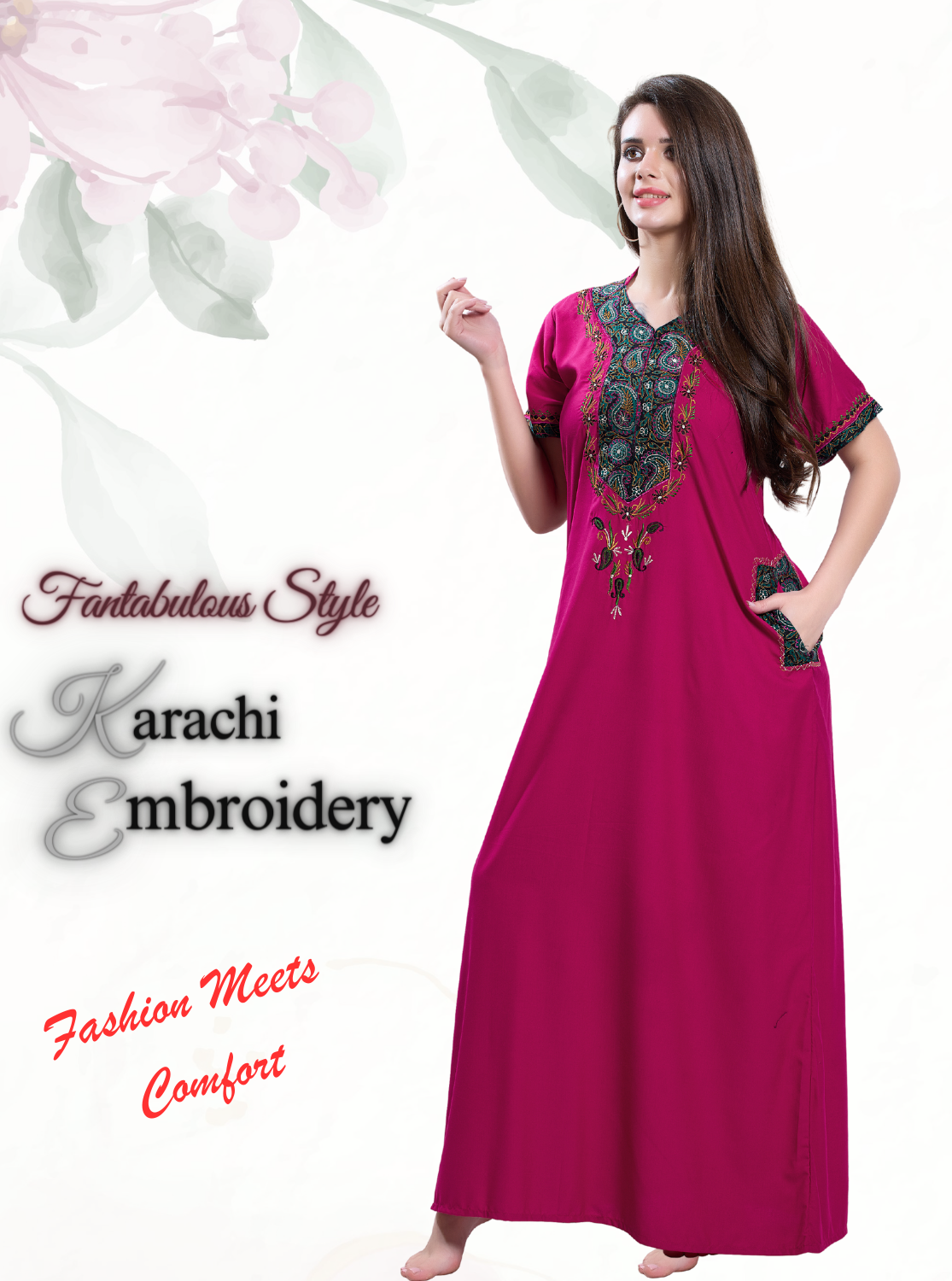 MANGAI Premium KARACHI Embroidery Nighties | Beautiful Embroidery Design's | Branded Quality | Half Sleeve | Regular Model | Stylish Nightdress for Women (KEM)