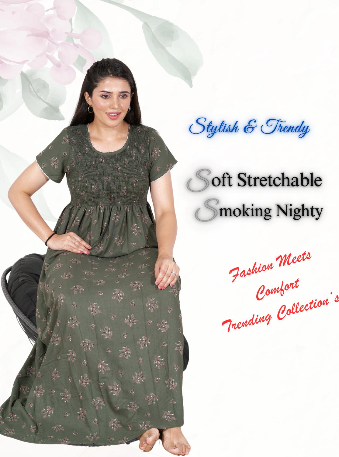 New Arrivals ONLY MINE Premium ALPINE Smokey Nighty | Beautiful Pleated Design | Side Pocket | Stylish Nighty for Trendy Women's | Your Perfect Nightwear Collection's (ALS)