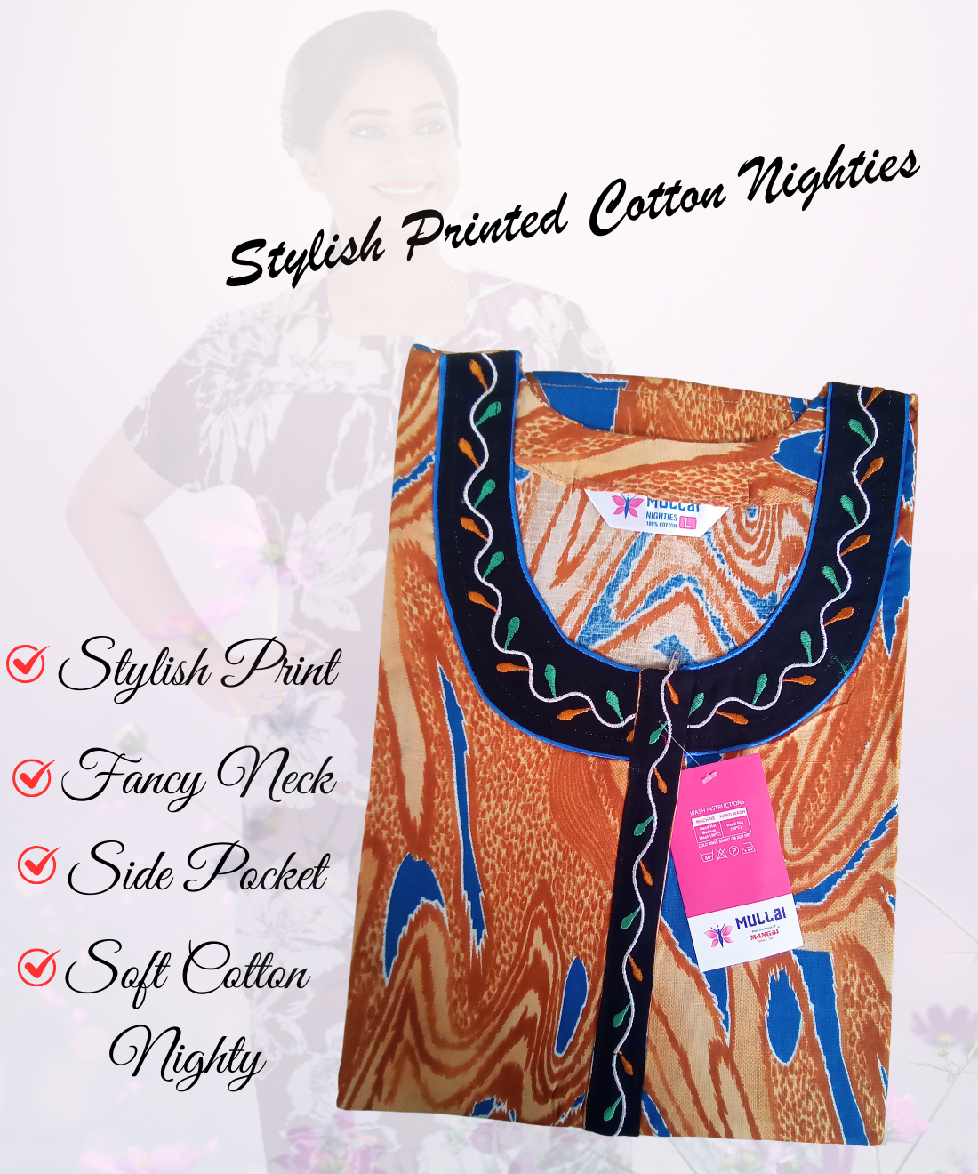 MANGAI Regular Fit Cotton PrintedNighties - All Over Checked Printed Stylish Nightwear for Stylish Women | Beautiful Nighties for Stylish Women's