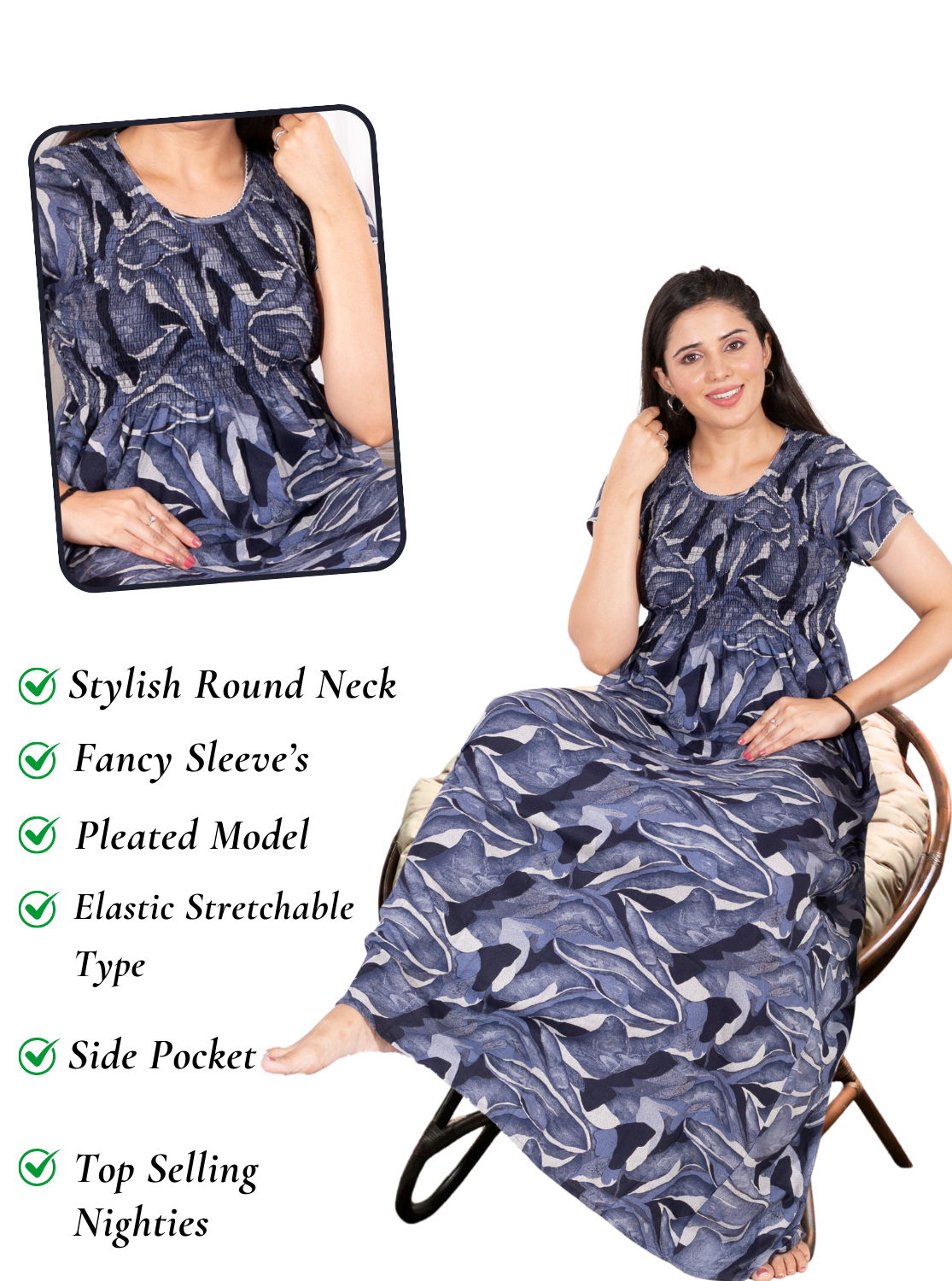 New Arrivals ALPINE Smokey Nighty | Beautiful Pleated Design | Side Pocket | Stylish Nighty for Trendy Women's | Your Perfect Nightwear Collection's (ALS)