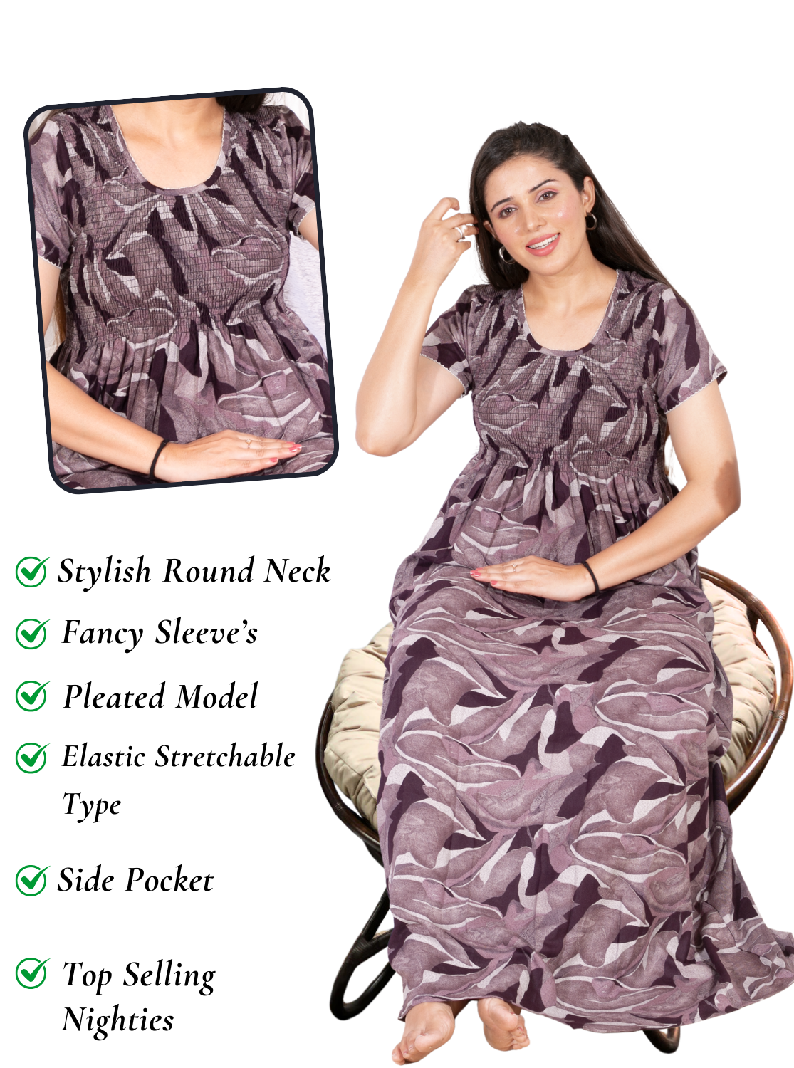 New Arrivals ALPINE Smokey Nighty | Beautiful Pleated Design | Side Pocket | Stylish Nighty for Trendy Women's | Your Perfect Nightwear Collection's (ALS)