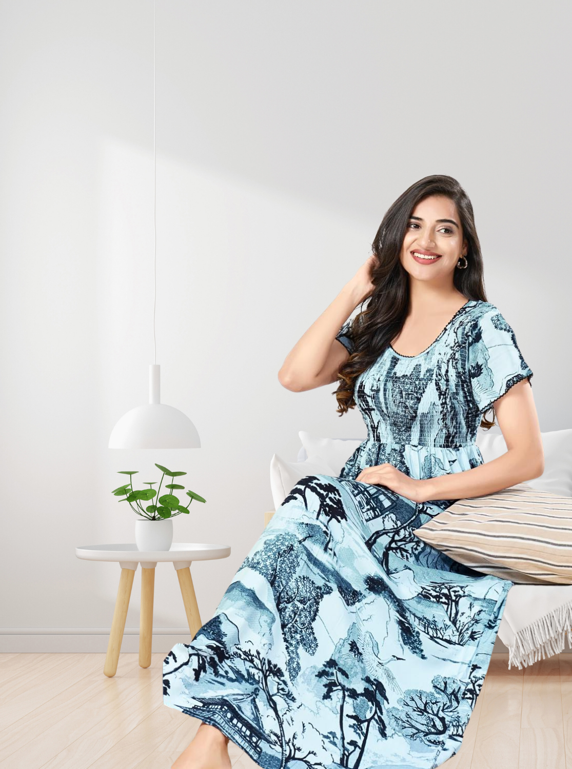 MANGAI RAYON Smocking Nighty | Beautiful Pleated Design | Side Pocket | Stylish Nighty for Trendy Women's | Your Perfect Nightwear Collection's (SRN)
