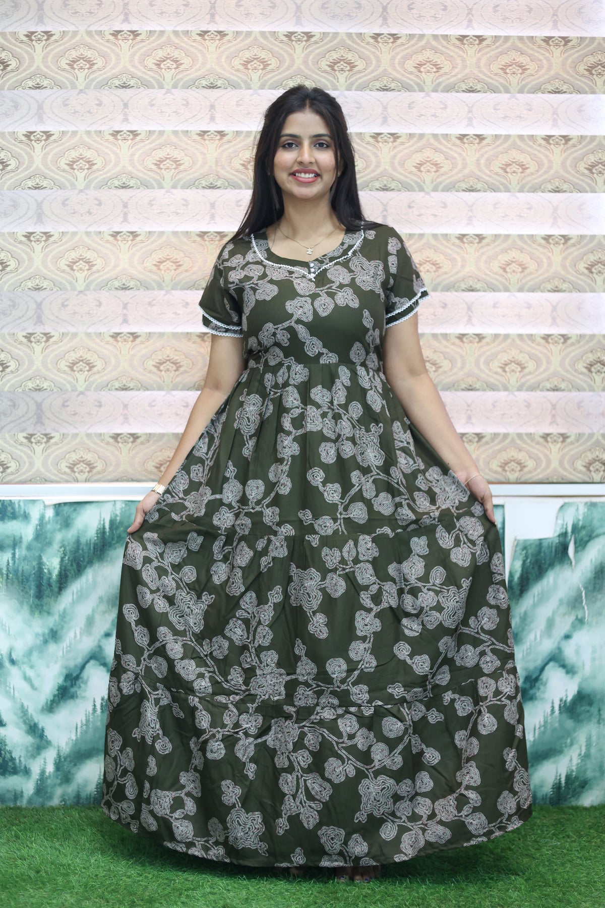 MANGAI New Alpine 3 Layer Frock for Women | Stylish Double Layer Sleeve Nighty with Fancy Neck | Back Tie Rope & Side Pocket | Flared Bottom Full Length Modern Nightwear (AFK)